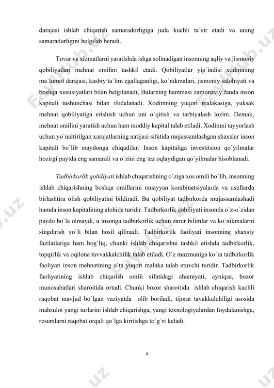 an bir qatorda axborot olish va ekologik omillar ham ishlab chiqarishni oqilona tashkil qilish va uning yuqori samaradorligini ta`minlashning muhim shartlaridan biri sifatida tobora yuksak ahamiyat kasb etmoqda. ishlab chiqarish jarayoni barcha omillarni ishga solinib, amalga oshiriladi. muayyan buyumni yoki xizmatni ishlab chiqarish uchun er, mehnat va kapitalning biron-bir kombinatsiyasi zarur bo`ladi. bu omillar bir-biri bilan bog`liq holda ishga tushadi va bir-birini to`ldirib turadi. masalan, gazlama to`qish uchun huquqiy jihatdan rasmiylashtirilgan firma tashkil etish, er maydonini ijaraga olish, bu maydonda binolar va texnikani (kapitalni) joylashtirish, xodimlar va menejerlarni yollash zarur bo`ladi. agar biror omil ishlab chiqarishga jalb etilmay qolsa, ishlab chiqarish jarayoni sodir bo`lmaydi. ishlab chiqarish omillarining bu xususiyati ularning bir-birini to`ldirishi deb ataladi. shu bilan birga, ishlab chiqarish omillari ma`lum chegaralarda bir-birining o`rnini bosishi ham mumkin. muayyan hajmdagi tovarni ishlab chiqarishga yuqorida ko`rsatib o`tilgan omillarning turli-tuman nisbatlarda bir-biriga qo`shilishi natijasida erishilishi mumkin. omillarning bu xildagi o`zaro o`rinbosarligi iqtisodiyotning ko`plab …
