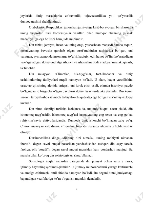 sotsiologiyasi shug’ullanadi. sotsiologik nuqtai nazardan qaralganda din jamiyat uchun zaruriy narsa, ijtimoiy hayotning ajralmas qismidir. u ijtimoiy munosabatlarni yuzaga keltiruvchi va amalga oshiruvchi omil sifatida namoyon bo’ladi. bu degani dinni jamiyatdagi bajaradigan vazifalariga ko’ra o’rganish mumkin demakdir. dinning vazifalari deganda uning alohida shaxsga va jamiyatga ta`sir qilish yo’li va tabiati nazarda tutiladi. bunda har bir din unga e`tiqod qiluvchi muayyan bir shaxsga u yoki bu jamoaga va umuman jamiyatga nima beradi? insonlar hayotiga qanday ta`sir ko’rsatadi? shunga o’xshash masalalar o’rganiladi. dinning ijtimoiy vazifalari haqidagi ta`limotni dinshunoslikda funktsionalizm rivojlantiradi. funktsi-onalizm jamiyatga ijtimoiy tizim sifatida qaraydi: unda jamiyatdagi har bir element muayyan funktsiyani bajaradi. dinning jamiyatda bajaradigan ijtimoiy, ma`naviy, ruhiy vazifalari quyidagilardan iboratdir: birinchidan, har qanday din o’z e`tiqod qiluvchilari uchun to’ldiruvchilik, tasalli beruvchilik - kompensatorlik vazi-fasini bajaradi. masalan, insonda doimiy ehtiyoj hosil bo’lishi hodisasini olaylik. inson o’z hayoti, turmush tarzi, tabiat va jamiyat bilan bo’lgan munosabatlari jarayonida hayotiy maqsadlariga erishishi ilojsiz …