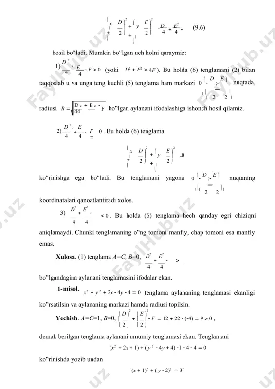 di. а1(-а;0), а(а;0), в1(0;-b), в(0,b) nuqtalar ellipsning uchlari. а va b sonlar mos ravishda ellipsning katta va kichik yarim o‟qlari deyiladi. c nisbat ellipsning ekssentrisiteti deyiladi va  orqali belgilanadi. ellips a uchun 0 a bo‟lganda ildiz ostidagi ifoda manfiy bo‟lib u ma„noga ega bo‟lmaydi. x 0 dan a gacha o‟sganda y b dan 0 gacha kamayadi. ellipsning i–chorakdagi bo‟lagi koordinatalar o‟qlarida joylashgan в(0,b) va а(а;0) nuqtalar bilan chegaralangan yoydan iborat bo‟ladi (3-rasm). ellipsning kanonik tenglamasida х ni –х ga va у ni –у ga o‟zgartirilsa tenglama o‟zgarmaydi. bu ellips koordinata o‟qlariga nisbatan simmetrikligidan dalolat beradi. ellipsning ana shu xususiyatiga asoslanib uning shakli 3-rasm ko‟rsatilgandek ekanligiga iqror bo‟lamiz. 3-rasm 3- misol. kichik yarim o‟qi b=4 va ekssentrisiteti ε=0,6 bo‟lgan ellipsning kanonik tenglamasi yezilsin. yechish. shartga ko‟ra   c  0,6; a с  0,6а, а2  с2  b2 tenglikka с va b ning qiymatlarini qo‟yib a ni aniqlaymiz. …