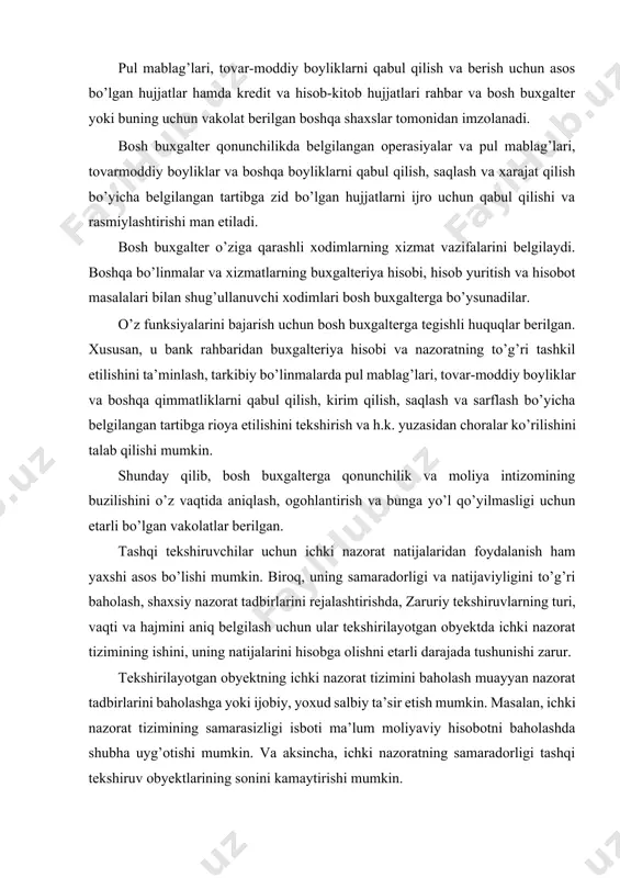 hki nazorat natijalaridan foydalanish ham yaxshi asos bo’lishi mumkin. biroq, uning samaradorligi va natijaviyligini to’g’ri baholash, shaxsiy nazorat tadbirlarini rejalashtirishda, zaruriy tekshiruvlarning turi, vaqti va hajmini aniq belgilash uchun ular tekshirilayotgan obyektda ichki nazorat tizimining ishini, uning natijalarini hisobga olishni etarli darajada tushunishi zarur. tekshirilayotgan obyektning ichki nazorat tizimini baholash muayyan nazorat tadbirlarini baholashga yoki ijobiy, yoxud salbiy ta’sir etish mumkin. masalan, ichki nazorat tizimining samarasizligi isboti ma’lum moliyaviy hisobotni baholashda shubha uyg’otishi mumkin. va aksincha, ichki nazoratning samaradorligi tashqi tekshiruv obyektlarining sonini kamaytirishi mumkin. birinchi navbatda kelgusi tekshiruv uchun ichki nazoratning asosiy sohasini o’rganish zarur. xo’jalik yurituvchi subyektning ichki nazorat tizimi quyidagilarni o’z ichiga oladi:[footnoteref:4] -nazorat muhiti; [4: rodionova v.m.,shleynikov v.i. finansovoy kontrol.uchebnik.-m.:id. fbk.-press,2002.-155str ] -buxgalteriya hisobining mavjud tizimi; · aktivlarning saqlanganligi ustidan nazorat; -qonun va me’yoriy xujjatlarga rioya qilish ustidan nazorat. nazorat muhiti, ichki nazorat tizimini belgilash va qo’llab-quvvatlashga qaratilgan tekshirilayotgan obyektning rahbariyatining amaliy harakati va ma’lum qilish …