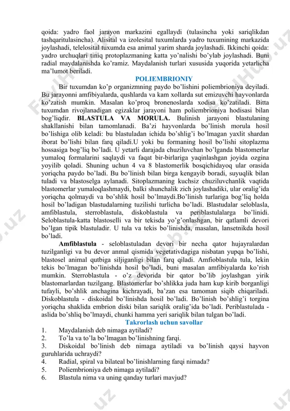 qoladi va urchuq vertikal bo’linish egatchalari esa tuxum yuzasiga parallel joylashadi. shunga kura embrion diskida yuza hujayralar va sariqlikda joylashgan hujayralar paydo bo’ladi. navbatdagi bo’linishlar juda ham turlicha yunalishlarda o’tadi va embrion diski bir necha qator hujayralardan tuzilgan plastinkalarga aylanadi. disk bilan sariqlik oralig’ida uncha katta bo’lmagan, blastoselga uxshash yoriqchasimon bo’shlik paydo bo’ladi. yuzaki bo’linish o’rtasida ko’p miqdorda sariqligi bo’lgan sentrolisetal tuxumlarda kuzatiladi. bunday tuxumlarda plazma hujayraning chetlarida va markazida, yadro atrofida joylashadi. maydalanish yadroning bo’linishidan va hosil bo’luvchi yadrolar atrofida sitoplazmaning ajralishidan boshlanadi. yadrolar soni ko’payib boradi. ular sitoplazma bilan uralib, asta-sekin tuxum hujayraning chetiga siljiydi. yadrolar tuxumning sirtqi qatlamiga yetib olishi bilanoq, sirtqi qatlam yadrolarining soniga mos ravishda blastomerlarga ajraladi. shunday qilib maydalanish natijasida sitoplazmaning hamma markaziy qismi sirtqa kuchib o’tadi va chetdagi sitoplazma bilan qushilib ketadi. yaxlit blastoderma hosil bo’ladi, bunday embrion rivojlanadi. yuzaki bo’linish deyarli bug’im oyoqlilarning tuxumlarigagina xosdir. bo’linishning qarab chiqilgan formalari tuxum hujayrasida sariqlikning …