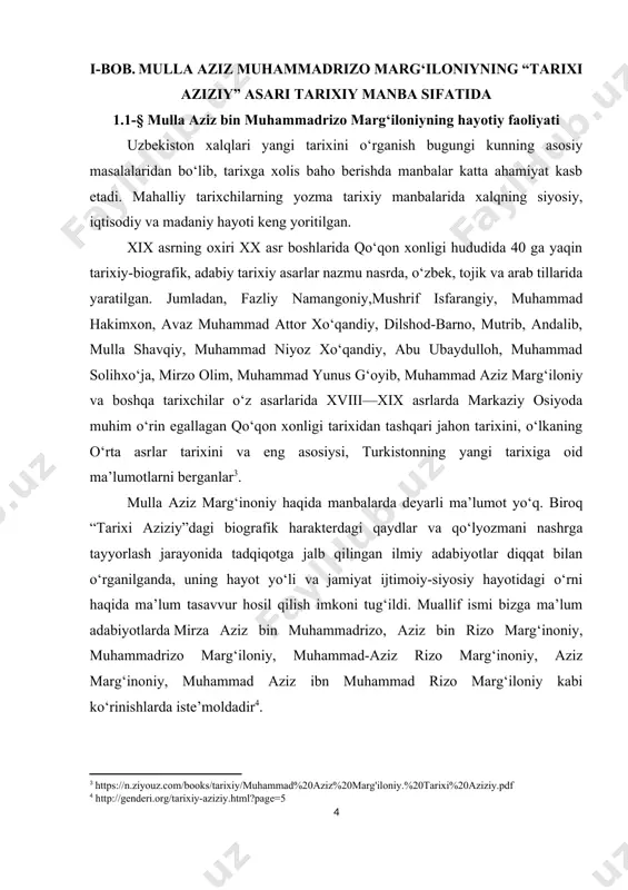 n va vafot etgan yillari ham noma’lum. muhammad aziz marg‘iloniy o‘z asarida tarixiy voqeliklar bilan birga o‘z tarjimai holiga oid ko‘p ma’lumotlarni ham bergan. muhammad azizning otasi muhammad rizo qo‘qon xonlari xizmatida bo‘lib, aslida namanganning chimyonidan ekan .kitobdagi ma’lumotlarga tayanib, uning xix asr o‘rtalarida tavallud topgani taxmin qilinadi. yana shunday xabarlardan uning “asl marg‘ilon bolasi va ota-bobolarining hammasi marg‘inoniyi-al-asl” ekani, hazrat imom a’zam mazhablarida va ajdodlarining barchasi “hazrat ofoqimga” murid-u muxlis bo‘lib kelganlarini bilib olamiz. uning ota-bobolari “olimxonga (1799-1810) xizmat qilgan chimyonlik katta umarolar” jamoasiga mansub bo‘lganlar. oradan bir qancha vaqt o‘tib, mulla aziz otasi, marg‘inonlik va xo‘qandlik bir necha tolibi ilmlar bilan buxoroi sharifga, madrasa tahsilini ko‘zlab yo‘lga tushadilar. ular xo‘janddan samarqandgacha piyoda yurib, ziyoda qiyinchiliklar bilan registon maydonida joylashgan tillakori madrasasiga yetib kelishadi. samarqandda bu paytda vabo tarqagan edi, shu bois ular “o‘rusiyaning amri bilan o‘z vatan”lariga qaytishga majbur bo‘ladilar. muallif bu hodisaning yilini ko‘rsatmagan, balki: “xo‘qandga kelsak, …