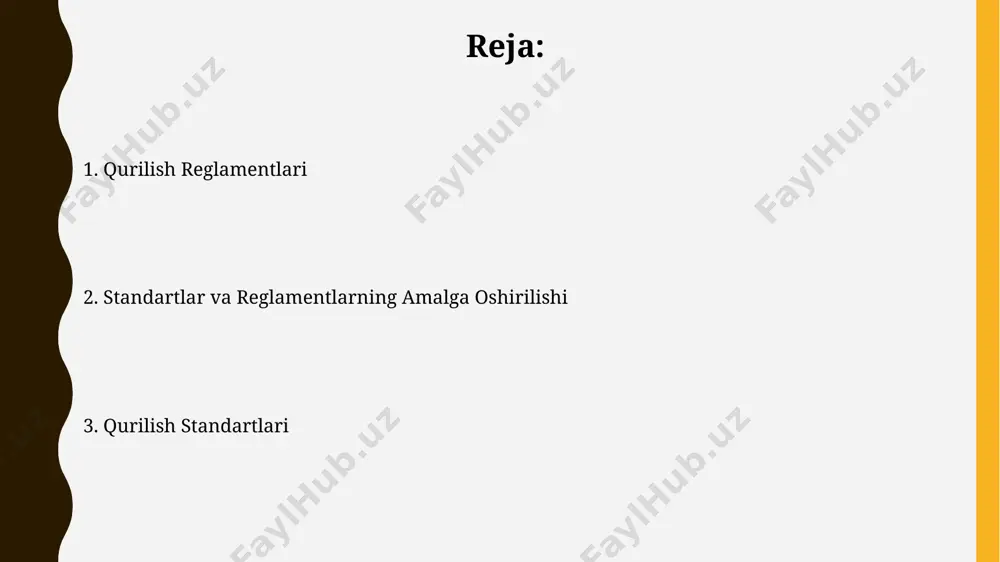 otlari talab etiladi. qurilish jarayonlarini nazorat qilish qurilish materiallarining sifati va mosligi gost standartlariga muvofiqligi har bir etkazib berilgan partiya uchun kamida 2 ta namunada tekshiriladi. davriy texnik tekshiruvlar kamida har 3 oyda bir marta o'tkazilishi va natijalar hujjatlashtirilishi, kamida 5 yil davomida saqlanishi zarur. atrof-muhitga ta'siri va ekologik talablar energiya samaradorligi koeffitsienti (eek) kamida 50% bo'lishi kerak bo'lgan binolarning qurilishi davlat tomonidan rag'batlantiriladi, bu karbon emissiyasini kamaytirishga yordam beradi. qurilish ishlari natijasida chiqindi suvlarni tozalash uchun 95% samaradorlikka ega bo'lgan tozalash inshootlaridan foydalanish majburiy hisoblanadi, bu suv havzalari ifloslanishining oldini oladi. qurilishni qabul qilish va foydalanishga topshirish qurilish materiallari sifatiga oid hujjatlarning mavjudligi va to'liqligi, shuningdek, qurilish ishlari bajarilishining 90% dan ortiq qismi tasdiqlangan loyiha hujjatlariga muvofiq bajarilganligi foydalanishga topshirish uchun majburiy talab hisoblanadi. qurilish obyektlarini qabul qilish jarayoni, o'zbekiston respublikasi davlat standartlari bo'yicha, kamida 3 bosqichda (tekshirish, sinov, hujjatlashtirish) amalga oshiriladi va 5 kun ichida yakunlanishi kerak. materiallar …