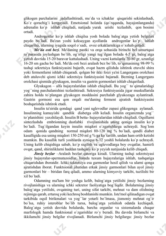 iqildoqni oldingi va yon tomonlardan yopib turadi. 3 bo`lakdan: ikkita yon va bitta o`rta bo`lakdan iborat. ona qornida embrion rivojlanishining 12 xaftasidayoq qalqonsimon bez o`z faoliyatini aktivlashtiradi. bola tug`ilganida bez vazni 1 gr; 1 yoshda 2 gr; 2 yoshda 6 gr; 5-10 yoshda 10 gr,;balog`at yoshida bez tez kattalashadi va erkaklarda 25 gr; allarda 30-35 gr gacha bo`ladi. qalqonsimon bezdan tiroksin gormoni ishlab chiqariladi. tiroksinning tarkibida 65 %dan ko`proq yod moddasi bor. katta odam tanasida 25 mg yod bo`ladi, shundan 15 mg qalqonsimon bezda saqlanadi. qalqonsimon bezdan yana triyodtironin, kaltsitonin gormonlari ham ishlab chiqariladi. bu gormonlar moddalar almashinuviga ta'sir qiladi, organizmdagi oksidlanish jarayonini kuchaytirib energiya almashinuviga ta'sir qiladi. kaltsitonin gormoni kaltsiy almashinuviga kuchli ta'sir qiladi. agar bez yosh bolalarda o`z vazifasini kuchsizlantirib qo`ysa gipotireoz hodisasi yuzaga kelib, natijada kretinizm kasalligi kelib chiqadi. bo`y o`smaydi, jinsiy, aqliy, jismoniy qobiliyatlar rivojlanmaydi. katta yoshlarda bez fazifasining kuchsizlanishi miksedema kasalligiga olib keladi. bunda asosiy …