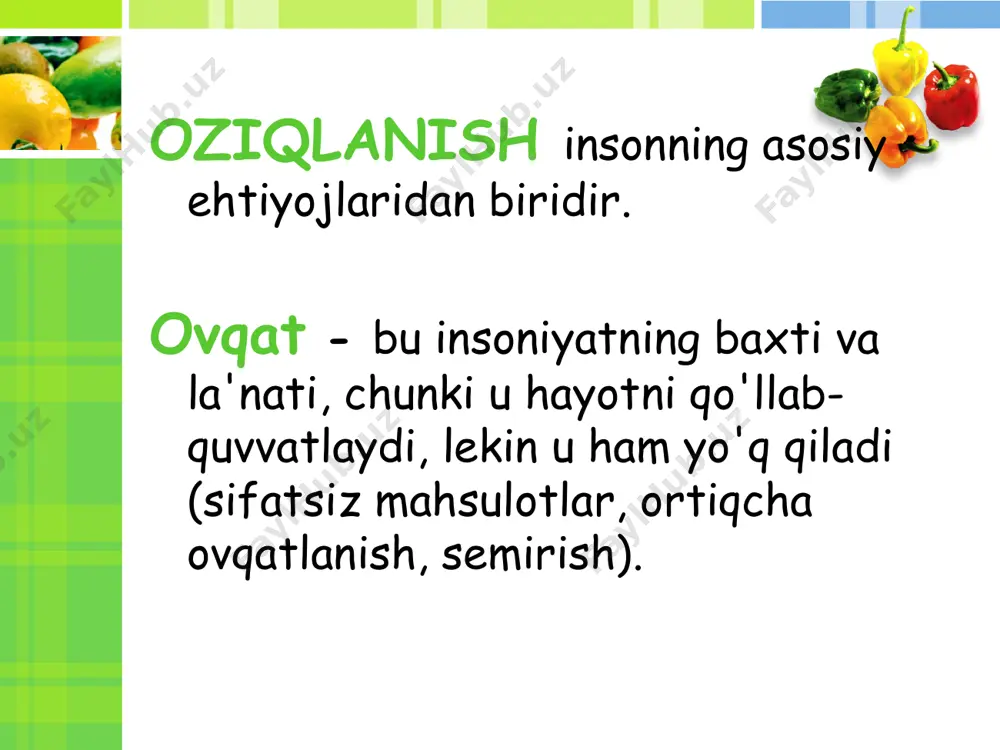 undan: 2/3 hayvon kelib chiqishi, 1/3 o'simlik kelib chiqishi. homilador ayollarda, og'ir jismoniy zo'riqish bilan og'rigan odamlarda u yuqori - 120-150 grammgacha. oziq-ovqatdan oqsillarni etarli darajada iste'mol qilmasa, butun organizmning hayotiy faoliyatini (gormonlar, fermentlar sintezi uchun) ta'minlash uchun bir qator to'qimalarning oqsillari parchalanadi. bular. qurilish oqsillari o'zlarini "qurbonlik qiladilar". oqsillari va aminokislotalarini assimilyatsiya qilish darajasi uglevodlar va yog'larning (lipidlar) miqdoriy va sifat tarkibiga bog'liq. yog'lar - lipidlar funksiyalari: gormonal (jinsiy gormonlar, erkak va ayol) himoya - hujayra membranalari (hujayra membranasida qancha yog'lar bo'lsa, u shunchalik yashaydi) energiya (tana uchun norma emas, zaxira sifatida) yog ' manbalari hayvon kelib chiqishi - qaymoq, pishloq, tuxum, sariyog '. yog ' manbalari o'simlik kelib chiqishi - o'simlik moylari, yong'oqlar, urug'lar. uglevodlar , ya'ni glyukoza - energiyaning asosiy manbai . undan hujayra va butun organizmning universal "yoqilg'isi" bo'lgan atp ko'proq darajada sintezlanadi. uglevodlarning quyidagi funktsiyalari: strukturaviy va retseptorlari, hujayra membranasining bir qismidir. dnk, rnkning bir …