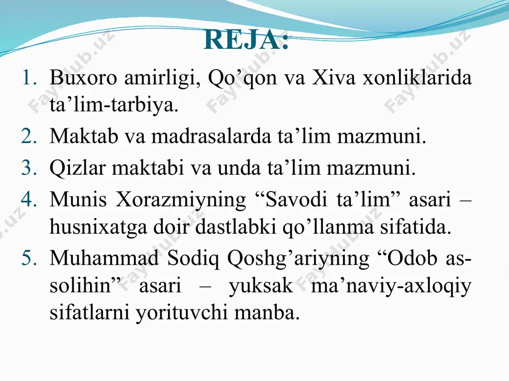 mavzuga oid tayanch tushunchalarning o’zbekcha-inglizcha lug’ati o’zbekcha inglizcha madrasa madrasah maktab school ta’lim education tarbiya upbringing qizlar maktabi schools of the girl husnixat calligraphy alifbo abc-book odob-axloq morality xvii-xix asrlarda o‘rta osiyoda faoliyat yuritgan ta’lim muassasalari boshlang’ich maktab qorixona daloilxona madrasa otinoyilar maktabi xix asrning birinchi yarmida o‘rta osiyoning yirik shaharlarida mavjud bo‘lgan maktablar va o’quvchilar soni shaharlar maktablar soni o’quvchilar soni toshkent 120 2000 buxoro 360 6000 qo’qon 300 5500 andijon 90 1700 samarqand 80 1000 marg’ilon 70 800 namangan 60 900 jizzax 10 150 maktablarda ta’lim mazmuni 1 alifbo kitobi 2 haftiyak 3 chor-kitob sabotul ojizin 4 qorixonalar va ularda ta’lim mazmuni ta’lim muassasasining maqsadi o’qitishni tashkil etish tartibi o’qitish mazmuni ushbu ta’limdan ko‘zda tutilgan asosiy maqsad – turli diniy marosimlarda qur’on tilovat qiluvchi qorilarni (shu sababli qorixona talabalari safida ko‘zi ojizlarni ham uchratish mumkin edi) tayyorlashdan iborat bo‘lgan. qorixonadagi o‘quv muddati 2-3 yil davom etgan. mashg‘ulotlar jumadan …
