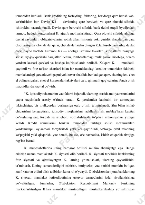 berishi mumkin boʻlgan xavf-xatarlar oldini olish tadbirlari katta rol oʻyvaydi. oʻzbekistonda tijorat banklarning k. siyosati mamlakat iqtisodiyotining ustuvor tarmoqlarini jadal rivojlantirishga yoʻvaltirilgan. jumladan, oʻzbekiston respublikasi markaziy bankining markazlashtirilgan k.lari mamlakat mustaqilligini mustahkamlashga yoʻvaltirilgan yangi ishlab chiqarish korxonalarini barpo etishga ajratilmokda. shuningdek, mamlakat tijorat banklari ham yangi ishlab chiqarish quvvatlarini barpo etishga k.lar ajratish bilan birga kichik va oʻrta biznesni qoʻllabquvvatlashni ham amalga oshirmoqda. imtiyozli shartlarda ajratilayotgan k.lar va mikrokreditlar shular jumlasidandir. k. tizimi: markaziy bank, tijorat banklari, kredit uyushmalari va chet el banklari filiallari va vakolatxonalari. k. tizimida markaziy bank alohida oʻrin tutadi va u emissiya maqomiga ega. mamlakatda k. tizimi faoliyati "oʻzbekiston respublikasi markaziy banki toʻgʻrisida" (1995.21.12), "banklar va bank faoliyati toʻgʻrisida" (1996. 25.4) qonunlari bilan tartibga solinadi”[footnoteref:1] [1: kun.uz saytidan olingan ma’lumot] ahmadjon oʻlmasov, qahramon haqberdiyev[footnoteref:2]. [2: .aholi daromadlari va turmush sifati (x.abdurahmonov va b.) toshkent-2009] pul shaklidagi kapital ssuda kapitali deyilsa, uning harakati kreditning mazmunini tashkil qiladi. …
