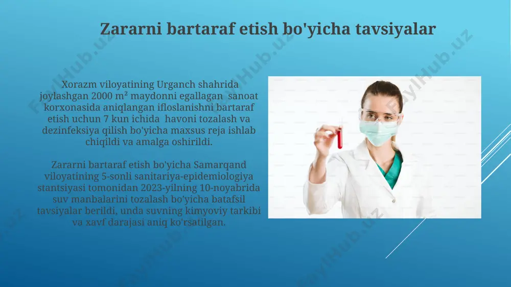 zifasi sanitariya-epidemiologik razvedka xodimlariga yuklatildi. farg'ona vodiysidagi 3 ta qishloqda suv ta'minoti tizimini tekshirish va suvning sifati bo'yicha 20 ta namunani laboratoriyada tahlil qilish, suv bilan bog'liq kasalliklarning oldini olish maqsadida amalga oshirildi. laboratoriya tekshiruvlari самарқанд вилоятидаги тупроқ намуналарининг 50 тасида гельминтлар тухумини аниқлаш учун гельминтологик текширувлар ўтказилиб, натижалар 24 соат ичида тақдим этилади. тошкент шаҳридаги марказий лабораторияда сув ва озиқ-овқат маҳсулотларининг 100 дан ортиқ намунасини микробиология ва физик-кимёвий текширувлардан ўтказиш орқали санитария-эпидемиологик ҳолатни баҳолаш амалга оширилади. sanitariya-epidemiologik razvedkaning mohiyati farg'ona vodiysidagi suv manbalarini tekshirish jarayonida sanitariya-epidemiologik razvedka jamoasi suvning mikrobiologik ko'rsatkichlarini 15 ta namunada tahlil qilib, natijalarni 24 soat ichida taqdim etdi. toshkent shahridagi 3 ta maktabda o'tkazilgan sanitariya-epidemiologik razvedka natijalariga ko'ra, yuqumli kasalliklarning oldini olish bo'yicha profilaktika choralari samaradorligini oshirish uchun qo'shimcha 7 ta tadbir rejalashtirildi. epidemiologik tekshiruvlar epidemiologik tekshiruvlar samarqand viloyatining 5 ta tumanida 2023-yilda o'tkazilib, oziq-ovqat mahsulotlarining sifatiga oid 100 dan ortiq namunalar tahlil qilingan. epidemiologik …