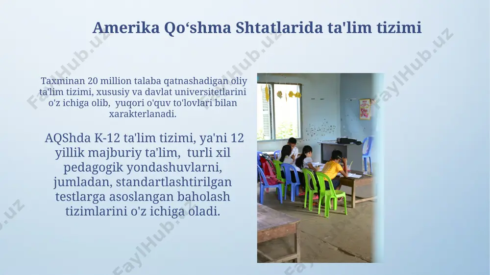 bu imtihon natijalari talabalarning oliy o'quv yurtlariga kirish imkoniyatini belgilaydi va juda yuqori raqobatbardoshlikka ega. xitoyda 9 yillik majburiy ta’lim tizimi mavjud bo'lib, unda 6 yillik boshlang'ich va 3 yillik o'rta ta'limni o'z ichiga oladi, shuningdek, yuqori o'quv yurtlariga kirish uchun qattiq raqobat mavjud. rossiyada ta'lim tizimi rossiya federatsiyasida 11 yillik majburiy umumiy o'rta ta'lim tizimi amal qiladi, bu davrda bolalar asosiy va o'rta ta'lim bosqichlaridan o'tadilar. davlat tomonidan moliyalashtiriladigan ta'lim dasturlaridan tashqari, rossiyada xususiy ta'lim muassasalari ham rivojlangan, ularning narxlari sezilarli darajada farq qiladi. buyuk britaniyada ta'lim tizimi 2022 yilda buyuk britaniyada o'rta maktab bitiruvchilarining 80 foizdan ortig'i oliy ta'lim muassasalariga o'qishga kirishdi, bu esa yuqori ta'limga kirish darajasining yuqori ekanligini ko'rsatadi. angliya ta'lim tizimi 5 bosqichdan iborat: boshlang'ich (5-7 yosh), boshlang'ich (7-11 yosh), o'rta (11-16 yosh), a-level (16-18 yosh) va oliy ta'lim. hindistonda ta'lim tizimi hindistonning ta'lim siyosati yuqori darajadagi texnologik ta'limga, jumladan, sun'iy intellekt va mashinani o'rgatish …