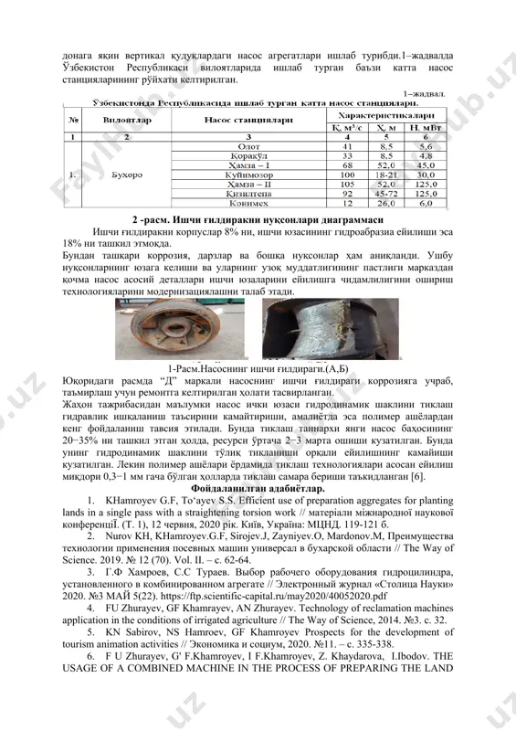 ракларнинг дарз кетиши ва чарчаши кузатилади. сув хўжалик тизимларидаги насос станциялари аҳамиятига қараб, суғориш, қуритиш, сув таъминоти, канализация, вертикал қудуқ ва гидромеханизация насос қурилмалари ва станциялари турларига бўлиш мумкин. насос станцияларнинг асосий ускуналари уларга ўрнатиладиган насос агрегатлари (насос, двигател, улар ўртасидаги узатма) ҳисобланади. сув хўжалигида насос ёрдамида сув кўтаришнинг аҳамияти. республикада аҳоли сонининг тез суръатлар билан ўсиши натижасида янги экин майдонларини ўзлаштириш зарурияти туғилди. ўзлаштириладиган ерларнинг аксарияти сув манбаларидан юқорида жойлашган. уларни сув билан таъминлаш насос станциялари ва қурилмалар билан амалга оширилади. суғориш насос станцияларидан ташқари кўплаб зах қочириш –қуритиш ва қишлоқ хўжалигини ичимлик суви билан таъминлаш насос станциялари ҳам ишлаб турибди. ҳозирги кунда республика вилоятларида 1604 дона насос станциялари бўлиб, уларнинг 1500 донага яқини фойдаланиб келинмоқда. ишлаш ресурси 20-25 йилни ташкил қиладиган жуда кўплаб насос агрегатлари, гидромеханик, гидроэнергетик, механик ҳамда ёрдамчи жиҳозлар ва гидротехник иншоотлар 35-40 йилдан бери фойдаланиб келинмоқда. туманлараро ва хўжаликлараро машина каналларидан 53% ҳамда ички хўжалик …