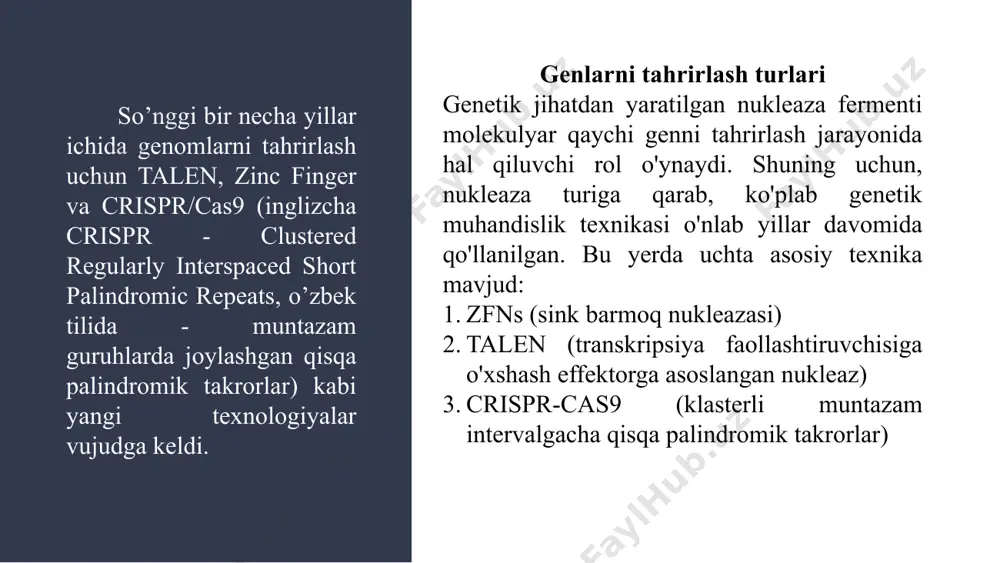 da virusni tanib olish va undan himoya qilish uchun dnkning bir qismini saqlab qolgan holda virusning dnk qismlarini olib tashlaydi. olimlar ushbu texnikani turli sohalarda qo'llash uchun o'zgartirdilar hayvon hujayralari, jumladan, odamlar va sichqonlarniki. uzoq vaqt oldin, genetiklar kimyoviy moddalar yoki radiatsiya yordamida mutatsiyalarni keltirib chiqargan. ammo genomda mutatsiyalar sodir bo'lishini nazorat qilishning hech qanday usuli yo'q edi. olimlar bir necha yillardan beri genomning ma'lum joylarida to'liq genlarni yoki bitta nukleotidlarni olib tashlash yoki kiritish orqali o'zgarishlarni keltirib chiqarish uchun "genlarni nishonlash" dan foydalanmoqda. e’tiboringiz uchun rahmat! image1.jpeg image2.png image3.jpeg image4.jpeg image5.png image6.png image7.png image8.png image9.jpg
