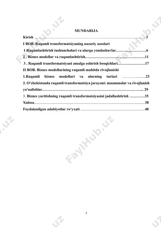 yatlarini yaratish va global bozorda raqobatbardoshligini oshirishga erishmoqda. raqamli transformatsiya nafaqat texnologik, balki madaniy va tashkilotlararo o'zgarishlarni ham talab qiladi, bu esa biznes jarayonlarini qayta tashkil etishga, xizmat ko'rsatish sifati va samaradorligini oshirishga imkon yaratadi. o‘zbekistonda raqamli transformatsiya jarayonlari jadal sur’atlarda rivojlanib bormoqda. raqamli texnologiyalarni joriy etish, kompaniyalar va tashkilotlarning yangi biznes modellari yaratishlariga imkon bermoqda. bu jarayonning muvaffaqiyati iqtisodiy o‘sishni tezlashtirish, innovatsion ishlab chiqarish tizimlarini yaratish va xalqaro bozorda raqobatbardoshligini oshirishga xizmat qiladi. shu sababli, raqamli transformatsiya va biznes modellarining rivojlanishi hozirgi kunda iqtisodiyotni modernizatsiya qilishning asosiy yo'nalishlaridan biri bo'lib qolmoqda. mazkur kurs ishi raqamli transformatsiya va biznes modellarining rivojlanishiga ta'sir ko'rsatadigan asosiy omillarni tahlil qilish, shu jarayonning samaradorligini baholash va yangi innovatsion biznes modellari yaratishda foydalaniladigan texnologik imkoniyatlarni o'rganishga qaratilgan. tadqiqot natijalari orqali o‘zbekistonda raqamli transformatsiyani amalga oshirishda yuzaga keladigan muammolarni bartaraf etish, yangi biznes modellarini joriy etish bo‘yicha tavsiyalar ishlab chiqiladi. mavzuning dolzarbligi: raqamli transformatsiya bugungi kunda …