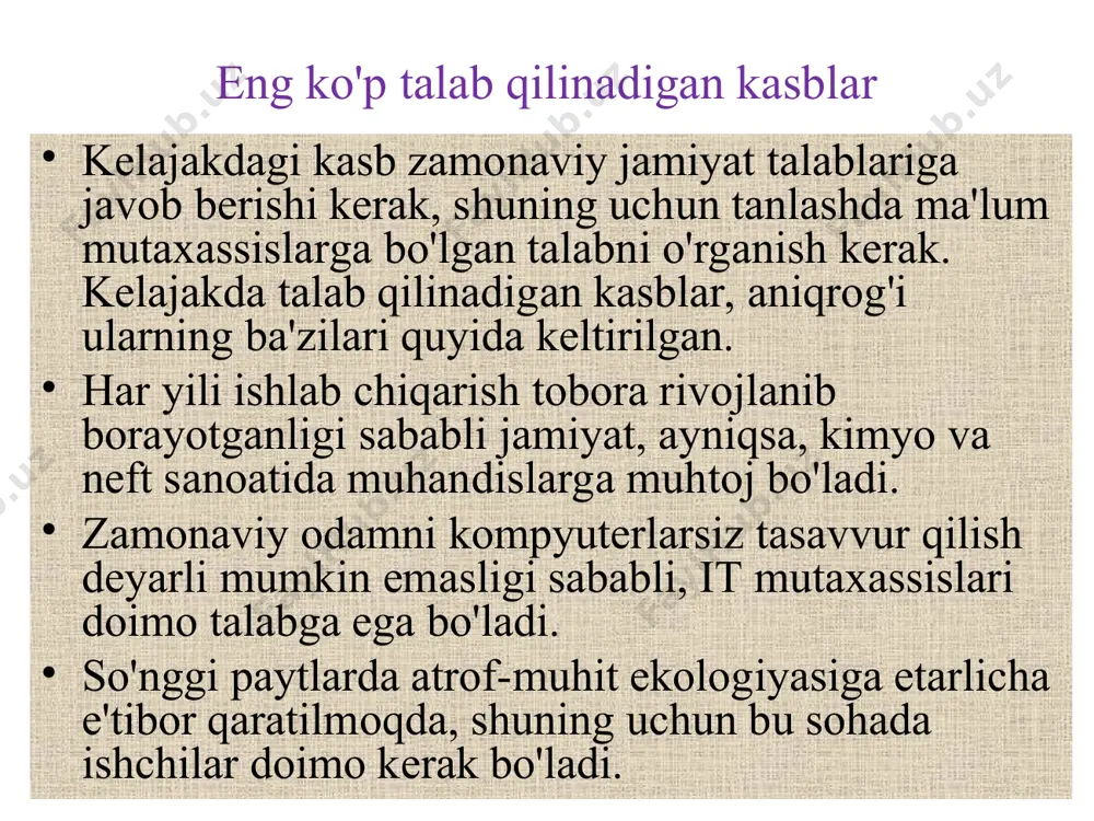 a siz yashayotgan jamiyat manfaatlariga mos keladigan to'g'ri qaror bo'ladi. 3. o'qituvchilarning, maktab o'qituvchilarining pozitsiyasi talabalarning xulq-atvorini, o'quv va darsdan tashqari faoliyatini kuzatib, tajribali o'qituvchi siz haqingizda professional bo'lmagan ko'zlardan va hatto sizdan yashiringan ko'p narsalarni biladi. 4. shaxsiy kasbiy rejalar reja bo'yicha bu holat kasbni egallash bosqichlari haqidagi fikrlaringiz nazarda tutilgan. 5. qobiliyat o'z qobiliyatlarining o'ziga xosligi nafaqat akademik muvaffaqiyat bilan, balki turli xil faoliyatdagi yutuqlar bilan ham baholanishi kerak. 6. jamoatchilik tomonidan tan olinishi uchun da'volar darajasi karyera yo'lingizni rejalashtirayotganda, sizning da'volaringizning realligi haqida g'amxo'rlik qilish juda muhimdir. 7. ogohlik muayyan narsa haqida olgan ma'lumotlaringizga e'tibor berish muhimdir kasblar buzilmagan, to'liqsiz, bir tomonlama edi. 8. tenentsiyalar moyilliklar bo'sh vaqtning ko'p qismini o'tkazadigan sevimli mashg'ulotlarda namoyon bo'ladi. bu ma'lum qobiliyatlar bilan qo'llab-quvvatlanadigan qiziqishlar. kasb tanlash mezonlari quyidagilar bo'lishi kerak: 1. tanlangan kasb individual shaxsiy va psixofiziologik xususiyatlarni qondirishi kerak. 2. kasb-hunar bo'yicha tayyorgarlikning mavjudligi zarur (ta'lim muassasasining mavjudligi, uning …