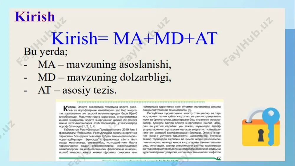 age maker dasturi va unda ishlash bo'yicha bilim, ko'nikma va malakalarini shakllantirish va rivojlantirish. darsga qatnashgan talabalar: 10 nafar darsga sababsiz kelmagan talabalar: yo'q o'qituvchining me'yoriy hujjatlari: ishchi dastur, kalendar tematik reja, o'quv uslubiy majmualar mavjud. o'quv auditoriyasi darsga tayyor: tozaligi talab darajasida, kompyuter va proektor bilan jihozlangan, doska darsga tayyor holatda. dars talab darajasida tashkil qilindi: talabalaming davomati aniqlandi, ularning kiyinish madaniyatiga e'tibor qaratildi, uy vazifalarini tekshirib chiqildi va baholandi. yangi mavzu e'lon qilindi: . mashg'ulot davomida informatika sohasiga doir qiziqarli ma'lumotlar keltirib o'tildi, talabalar faolligi ta' minlanildi. yangi mavzuning mazmvni ilmiy va metodik jihatdan tushunarli va ravon tilda bayon qilindi. mashg'ulotda talabalarga individual yondashildi, har bir talabaga vazifalar berildi. talabalarning faolligi sezilib turdi. internet saytlaridan unumli foydalana oldi. dars jarayonida aqliy hujum, t-sxema kabi metod va texnologiyalardan foydalanildi va bunda talabalarning qiziqishlari va faolliklari ortdi. yutuq va kamchiliklar: yangi mavzuning mazmuni ilmiy va metodik jihatdan tushunarli va ravon …