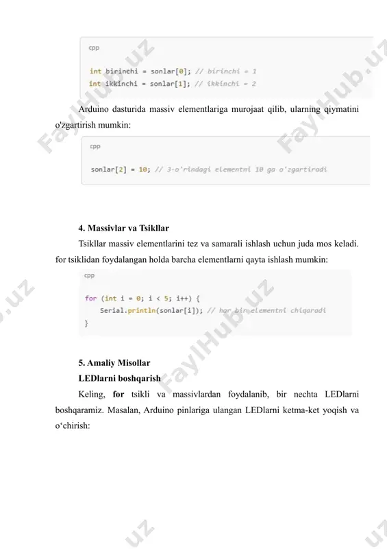 kelishi mumkin. massivning o‘lchamidan kattaroq indeks orqali murojaat qilish xato hisoblanadi. · massivning o‘lchamini aniqlash: massivning o‘lchamini aniqlashda sizeof operatoridan foydalanishingiz mumkin: cpp copy code int o‘lcham = sizeof(sensorvalues) / sizeof(sensorvalues[0]); 7. amaliy mashqlar 1. led massivini boshqarish: 6 ta ledni ketma-ket yonish tartibini o‘zgartirishga dastur yozing. 2. sensor qiymatlarining o'rtacha qiymatini hisoblash: 5 ta sensor qiymatlarini o'qing va ularning o'rtacha qiymatini hisoblang. image1.png image2.png image3.png image4.png image5.png