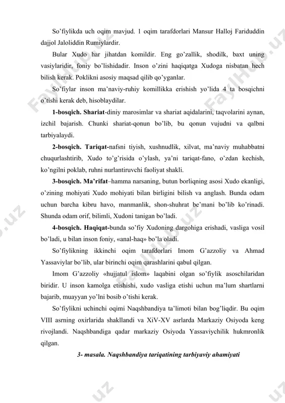 and uning laqabi bo’lib, ota kasbi kimxobboflik bilan shug’ullangan. uning tasavvufga qiziqishi bolaligidan paydo bo’ladi va shu yo’lda tarbiya topadi. u dastlabki tariqat so’lukiga doir bilimlarni shayx samosiy va sayyid amir kuloldan olgan. abdulholiq g’ijduvoniyni o’ziga ustoz deb biladi va uning izidan boradi. naqshband 1389 yilda vafot etadi va qasri orifonda dafn etilgan. boxovuddin naqshband naqshbandiya tariqatining asoschisidir. uning ta’limoti hayotlik chog’idayoq movarounnahrda keng tarqalgan. naqshbandiya islomdagi sunniylikka asoslangan bo’lib, uning ma’naviy silsilasi bir tomondan, abu bakr siddiqqa (632-634) ikkinchidan abu tolibga borib tarqaladigan 12 tariqatning biri sanaladi. bu silsila «oltin silsila» deb ataladi. naqshbandiya suluki halol mehnat bilan kun kechirishni targ’ib qiladi. uning «dil ba yoru dast bakor» (dil yorda, qul ishda) shiori diqqatga sazovor. naqshbandiya sulukiga kirgan kishilar qo’l mehnati bilan hayot kechirar edilar. bu kishilardan oilani va mamlakatni obod qilish uchun mehnat qilish talab qilingan. b. naqshbandning o’zi ham qo’l kuchi bilan hayot kechirgan. naqshbandiya tariqatining suluklaridan …