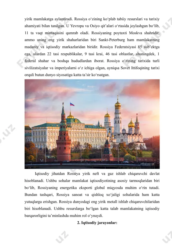 n. bu sanksiyalar, xususan, energetika sohasida katta ta’sir ko‘rsatgan. rossiya neft va gaz eksportining kamayishi yoki cheklanishi global bozorlar bilan aloqalarini murakkablashtiradi. sanksiyalar rossiyaning texnologik rivojlanishiga ham to‘sqinlik qilmoqda, chunki u yangi texnologiyalarni olib kirishda qiyinchiliklarga duch keladi. · energetika narxlari: rossiya iqtisodiyoti asosan neft va gaz narxlariga bog‘liq bo‘lgani uchun energetika bozoridagi o‘zgarishlar, xususan, narxlarning pasayishi, rossiyaning iqtisodiy barqarorligiga katta xavf tug‘diradi. neft narxlarining tushishi rossiyaning eksport daromadlarini kamaytirishi va milliy valyutani pasaytirishi mumkin. shuningdek, global energiya bozorlarida raqobatning kuchayishi rossiya uchun xavf yaratadi. · ichki iqtisodiy muammolar: rossiya ichki iqtisodiy muammolarni hal qilishda qiyinchiliklarga duch kelmoqda. inflyatsiya darajasi, ishsizlik va daromadlar tengsizlikining oshishi, iste’molchi talabining kamayishiga olib keladi. rossiyaning iqtisodiy rivojlanishini ta’minlash uchun ichki iqtisodiy muammolarni bartaraf etish muhim ahamiyatga ega. · demografik muammolar: rossiya aholisi kamayib bormoqda, bu esa uzoq muddatda ishchi kuchining qisqarishiga va pensiya tizimi uchun bosim yaratadi. aholining qarish jarayoni va yoshlarning mehnat bozoriga …