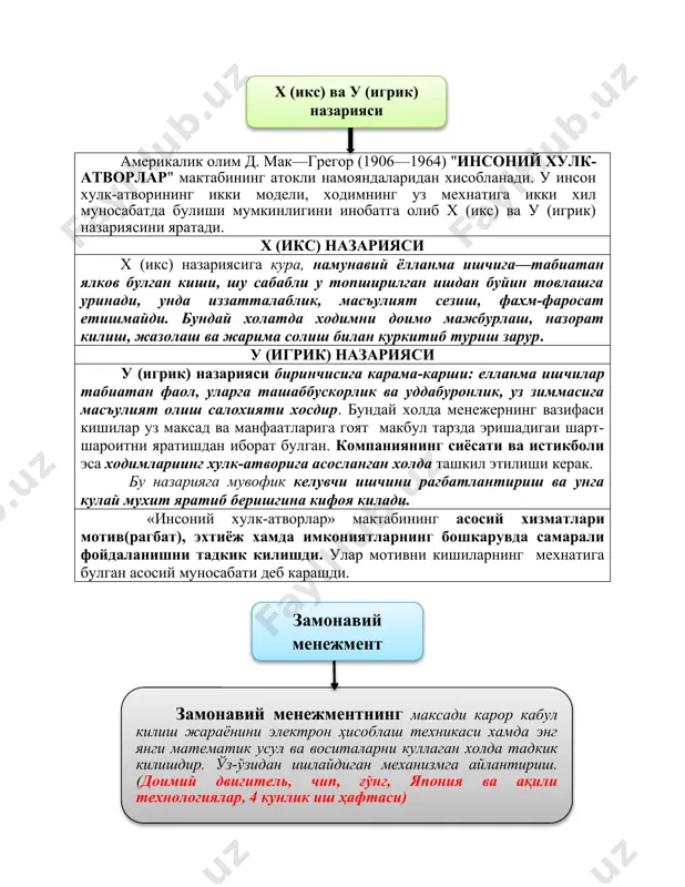 н саволга вазиятли таҳлил жавоб беради. бунда ташкилотнинг ички таркибидаги ўзгаришлар ташқи муҳитнинг таъсири билан боғлаб ўрганилади. аммо турли даражадаги вазият турли даражадаги билимни талаб қилади. 3 функционал ёндошув - бошқарувга ташкилий механизмларнинг энг оқилона йўлларини ишлаб чиқиш имконини беради. шу нуқтаи назардан бошқариш қуйидаги функцияларни бажаради: * режалаштириш; * ташкиллаштириш; * раҳбарлик қилиш; * мувофиқлаштириш; * назорат қилиш ва ҳк. 4 миқдорий ёндошув бундай ёндошувга асосан: - менежментнинг операцион принципига; -қарор қабул қилиш назарияси принципларига; - математик ёки илмий менежмент кабилареа эътибор қаратилади. миқдорли ёндошувдаги бошқариш жараёнилда нафақат математик статистика. кибернетика, муҳандислик фанлари билан социология бирга руҳшуностлик, тизимлари назарияси каби фанлардан ҳам кенг фойдаланилади. туркустонда бошқариш назариясининг шаклланиши “темур тузиклари” деб номланган асарда -мамлакатни идора қилиш ва салтанатни бошқариш услуби, стратегияси ва тактикасини жорий қилиш. - xiv-xv асрлар воқеалари ва ижтимоий хаётни ўзида акс эттирган қимматли асар темур тузукларини яратди. мазкур асарда баён этилган бошқариш йўл-йўриқлари, қонун-қоидалари, панд-насихатлари ўзбекистон …