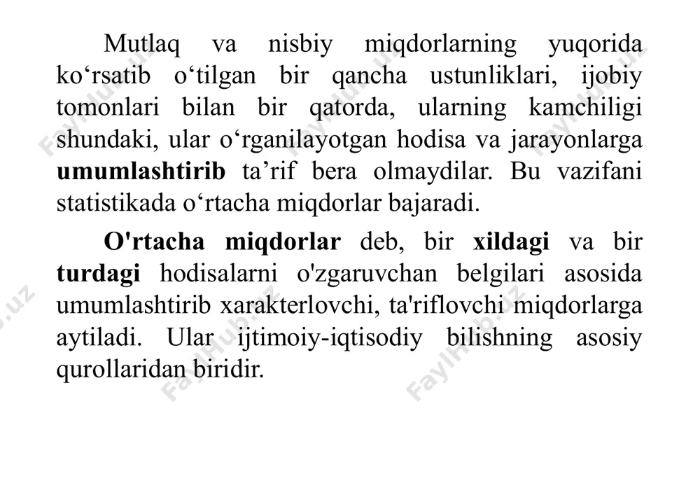 ikki о‘rtachani olaylik: 90 ; 90i iix kg x kg  ikkala о‘rtacha teng, ammo ular qanday birliklar asosida hisoblanganligi bizga noma’lum. misol uchun uchta talaba quyidagicha ball tо‘plashgan: birinchisi 89 ball; ikkinchisi 90; uchinchi 91. tо‘plangan о‘rtacha ballni hisoblasak, u 90 ga  3:) 9190(89  teng. ikkita talabadan bittasi 19 ball, ikkinchisi 161 ball tо‘plashgan. о‘rtacha ball bu yerda ham 90 ga  2:) 161(19  teng. olingan natijalardan kо‘rinib turibdiki, x hodisaga tо‘g‘ri baho bermoqda, ya’ni birliklarning о‘rtachadan farqi juda oz, 2x - esa birinchining aksi. 2x - о‘rtacha orqali biz о‘rtachalar hodisaning ichki tuzilishini haqiqatdan ham bekitishiga guvoh bо‘lamiz. "variatsiya" sо‘zi lotincha “variatio” sо‘zidan kelib chiqqan bо‘lib, о‘zgarish, farq, tebranish kabi ma’nolarni bildiradi. statistik o'rtachalar ko'rish va ko'p yillik tajriba asosida emas, balki ommaviy ma'lumotlar asosida aniqlanadi. masalan, o'rtacha ish haqini aniqlash uchun barcha xodimlarning ish haqlari qo'shilib, ularning soniga bo'linadi. biroq, statistik o'rtachalar bir xil …