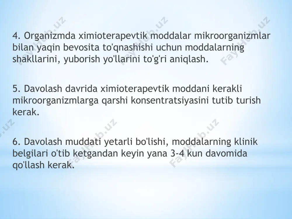 organizmlarga qarshi ta’sir ko'rsatadi. grammanfiy mikroorganizmlardan asosan salmonella, shigella, protey, ichak, tayoqchalarga qarshi ta’sir ko'rsatadi. grammusbat mikroorganizmlarga ampitsillindan ko'ra benzilpenitsillinlar kuchliroq ta’sir ko'rsatadi. ampitsillin kislotalarga chidamli, enteral va parenteral yo'llar orqali yuboriladi. me’da-ichakdan yaxshi so'riladi, oqsillar bilan kam bog'lanadi, shuning uchun to'qimalarga, suyuqliklarga yaxshi o'tadi, alveolalarda, bronxlarda yuqori darajada bo'ladi, organizmdan buyrak orqali chiqadi, ayni vaqtda siydikdagi darajasi qonga nisbatan 2-3 barobar oshib ketadi. shuning uchun ampitsillin zotiljam, bronxit va urologik kasalliklarida ta’siri ko'rinarli bo'ladi. ampitsillin kam zaharli modda, oksatsillindan kuchliroq. ampioks - ampitsillin bilan oksatsillin qo'shilgan modda, mikroorganizmlarga qarshi ta’siri ikkalasidan ham kuchliroq. amoksatsillin -grammusbat va grammanfiy mikroorganizmlarga qarshi ta’sir ko'rsatadi, kislotalarga chidamli, og'iz orqali yuborilganda qonga yaxshi so'riladi, b- laktazalarga chidamsiz, nafas siydik yo'llari infeksiyasida, peritonitlarda, endometritlarda qo’laniladi. amoksiklav-bolalar amaliyotida ham keng qo’laniladi. nafas, siydik, jinsiy a’zolar, suyaklar, jarrohliklardan keyin bo'ladigan infeksiyalarda og'iz orqali va venalarga yuboriladi. penitsillinlar, ayniqsa, benzilpenitsillinlar allrgik jarayonlar paydo qiladi, ularni yuborishdan oldin organizmning …