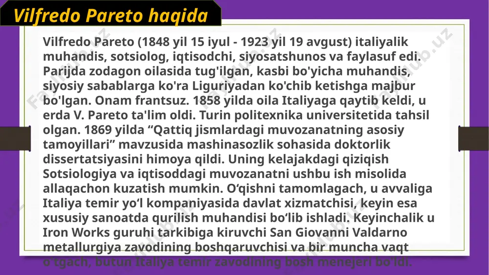 “20/80 tamoyili: kamroq harakat bilan ko‘proq natijalarga erishish sirlari” nomli kitobi sabab bo‘ldi, u birinchi marta 1997 yilda nashr etilgan va keyinchalik 34 tilga tarjima qilingan. keling, nazariy mohiyatga o'tamiz pareto printsipi: sabablar, kirishlar yoki harakatlarning kichik qismi olingan natijalar, natijalar yoki mukofotlarning katta qismi uchun javobgardir. bizga tanish ma'noda, vikipediya mualliflarining taklifiga ko'ra, bu shunday ko'rinadi: "20% harakatlar natijaning 80% ni, qolgan 80% harakatlar esa faqat 20% natijani beradi." ushbu ta'rifdan kelib chiqadi: pareto printsipi asosiy qoidadir. boshqacha aytganda, uning haqiqatini amalda tasdiqlash mumkin. u ko'plab sohalarda o'z qo'llanilishini topadi. ammo, kerakli harakatlarning 20 foizini to'g'ri tanlab, kerakli natijaning 80 foizini olishingiz mumkinligini hisobga olsak, keyingi harakatlar umuman natija bermasligi mumkinligini hisobga olish kerak. bu fikr tasvirlangan pareto egri chizig'i(tasvir esquire veb-saytidan olingan).shuni esda tutish kerakki, taqsimotning o’zi, 80 va 20 raqamlari kabi, so’zsiz aniq deb hisoblanishi mumkin emas, chunki ular aniq haqiqatni emas, balki qoidani aks ettiradi. u …