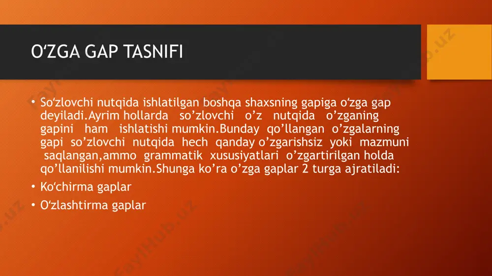 nni ifodalash: bunda gapda muallifning soʻzi emas, balki mazmuni saqlanadi. masalan: toʻgʻridan-toʻgʻri nutq: ali “bugun men kitob sotib oldim”, dedi. oʻzlashtirma gap: ali bugun kitob sotib olganini aytdi. 2. uslubning oʻzgarishi: boshqalarning soʻzlash uslubi oʻzgartirilib, mazmun boshqa gap tarkibiga moslashtiriladi. 3. ergash gapni bogʻlovchilar: deydi, dedi, degan edi, deb, deganicha kabi bogʻlovchilar ishlatiladi. 4. shaxs va zamon shakllarining oʻzgarishi: toʻgʻridan-toʻgʻri nutqdagi birinchi shaxs oʻzlashtirma gapda uchinchi shaxsga oʻtadi. olimlarning fikricha oʻzlashtirma gap 1. yoʻldosh solijonov tilshunos yoʻldosh solijonov o‘zlashtirma gaplarni o‘zlashtiruvchi nutqning muhim turi deb hisoblab, ularni tilning kommunikativ vazifasini bajarishdagi ahamiyatiga urgʻu beradi. unga ko‘ra, o‘zlashtirma gaplar: boshqalarning fikrini bayon qilishda tilning funksionallik darajasini oshiradi. toʻgʻridan-toʻgʻri nutqdan farqli oʻlaroq, uslubiy jihatdan ixcham va moslashuvchanlikka ega. rasulov sh. (grammatika tadqiqotchisi rasulov o‘zlashtirma gaplarning grammatik tuzilishini o‘rganib, ular o‘zlashgan fikrni aniq va tushunarli qilib ifodalash uchun ergash gaplarning ahamiyatini alohida ta’kidlaydi. olimning fikriga ko‘ra: o‘zlashtirma gaplarda bog‘lovchi so‘zlar muhim rol o‘ynaydi …