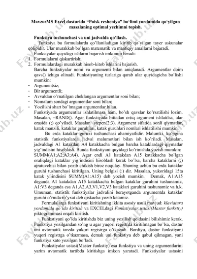 ms excel dasturida "poisk resheniya" bo‘limi — DOC