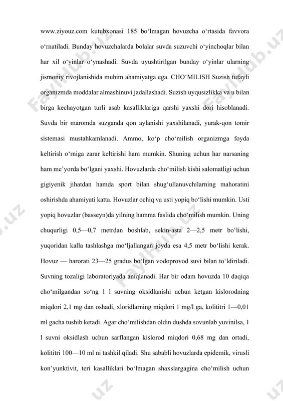 25 gradus bo‘lgan vodoprovod suvi bilan to‘ldiriladi. suvning tozaligi laboratoriyada aniqlanadi. har bir odam hovuzda 10 daqiqa cho‘milgandan so‘ng 1 l suvning oksidlanishi uchun ketgan kislorodning miqdori 2,1 mg dan oshadi, xloridlarning miqdori 1 mg/l ga, kolititri 1—0,01 ml gacha tushib ketadi. agar cho‘milishdan oldin dushda sovunlab yuvinilsa, 1 l suvni oksidlash uchun sarflangan kislorod miqdori 0,68 mg dan ortadi, kolititri 100—10 ml ni tashkil qiladi. shu sababli hovuzlarda epidemik, virusli kon’yunktivit, teri kasalliklari bo‘lmagan shaxslargagina cho‘milish uchun ruxsat etiladi. hovuzlarga kiriladigan yo‘lakka, suvga yuqumli kasalliklar mikroblari tushmasligi uchun tarkibida 0,1% xlor tutgan xlor ohagi sepiladi. boshga rezina qalpoqcha kiyish tavsiya etiladi. hovuzdagi suvning sifati ichimlk suviga qo‘yiladigan davlat standarti talablariga taqqoslab aniqlanadi. mikroblar sonining 7 ml suvda 1000 gacha ko‘payishi, kolititrning 100—10 gacha pasayishi hovuzdagi suvning ifloslanganligini ko‘rsatadi. www.ziyouz.com kutubxonasi 186 cho‘milish uchun mo‘ljallangan suv suzgichdan o‘tkaziladi, isitiladi, so‘ng xlorlash usuli bilan zararsizlantirib, basseynga quyiladi. vaqti-vaqti bilan vodoprovod suvi …