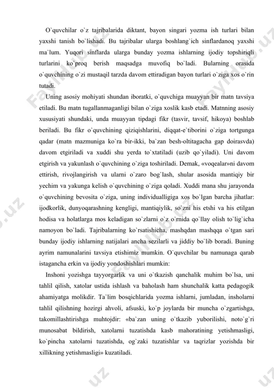 arli va jiddiy bo`lib boradi. buning ayrim namunalarini tavsiya etishimiz mumkin. o`quvchilar bu namunaga qarab istagancha erkin va ijodiy yondoshishlari mumkin: inshoni yozishga tayyorgarlik va uni o`tkazish qanchalik muhim bo`lsa, uni tahlil qilish, xatolar ustida ishlash va baholash ham shunchalik katta pedagogik ahamiyatga molikdir. ta`lim bosqichlarida yozma ishlarni, jumladan, insholarni tahlil qilishning hozirgi ahvoli, afsuski, ko`p joylarda bir muncha o`zgartishga, takomillashtirishga muhtojdir: «ba`zan uning o`tkazib yuborilishi, noto`g`ri munosabat bildirish, xatolarni tuzatishda kasb mahoratining yetishmasligi, ko`pincha xatolarni tuzatishda, og`zaki tuzatishlar va taqrizlar yozishda bir xillikning yetishmasligi» kuzatiladi. insholarni baholashda bir qator mezonlar amal qiladi. bular orasida eng muhimlari sifatida yozma nutqning to`g`riligi, ravonligi, mavzuga mu-tanosiblik darajasi, ifodaning aniqligi va haqqoniyligi, mantiqiyligi, ta`sirchanligi, boyligini ko`rsatish mumkin. xatolar ustida ishlash bilan bog`liq fikrlarda mutaxassislarning ikkiga ajralganini ko`rish mumkin: bir guruh metodistlar o`quvchi inshosidagi birorta ham xato e`tibordan chetda qolmasligini maqsadga muvofiq deb bilishsa, boshqalari ko`pchilikda uchraydigan, asosiy xatolar ustidagina to`xtalib, mayda xatolar ustida …