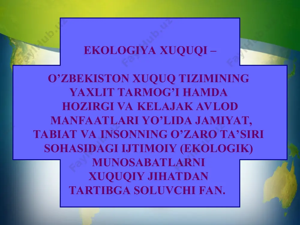 qaratilgan qonunlarning ekologik talablarini amalga oshirish bo’yicha ekologik xuquqbuzarliklar tizimi ekologik jinoyatlar tufayli yetkaziladigan zarar iqtisodiy va ekologik shakllarda namoyon bo’lishi mumkin. iqtisodiy zarar tabiatdan foydalanuvchilarga ularning mulki va daromadlariga zarar yetkaziladi ekologik zarar atrof tabiiy muhit, uning ayrim tabiiy obyektlari, umuman, tabiiy ekologik tizimning ifloslanishi, nooqilona foydalanilishi, kamayishi va buzilishida namoyon bo’ladi atrof-muhitni muhofaza qilishning xalqaro-xuquqiy prinsiplari inson ekologik xuquqlarining ustunligi davlatning o’z hududidagi tabiiy resurslarga nisbatan suvereniteti bir davlat ekologik farovonligiga boshqasining ekologik zarari hisobidan erishishga yo’l qo’ymaslik barcha darajalarda ekologik nazoratni amalga oshirish xalqaro ekologik axborot bilan erkin almashish davlatlarning favqulodda holatlarda bir-birlariga yordam berishi ekologik-xuquqiy nizolarni tinch yo’llar bilan hal etish