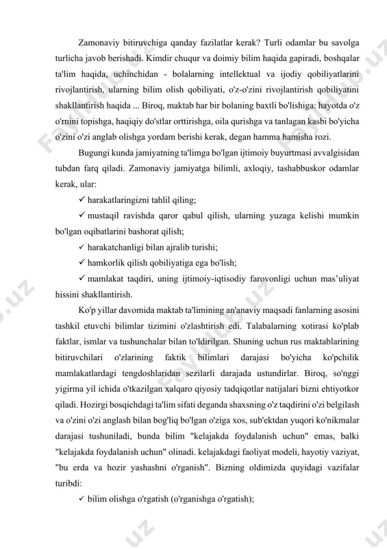 lod standartini joriy etish sharoitida zamonaviy matematika darsida qanday yangilik bor? sinfda ishning yakka va guruh shakllari ko'proq tashkil etilgan. o'qituvchi va talaba o'rtasidagi avtoritar muloqot uslubi asta-sekin yengib chiqilmoqda. zamonaviy darsga qanday talablar qo'yiladi: · yaxshi jihozlangan sinfda yaxshi tashkil etilgan dars yaxshi boshlanib, yaxshi yakunlanishi kerak; · o'qituvchi o'z faoliyatini va o'quvchilarining faoliyatini rejalashtirishi, dars mavzusi, maqsadi va vazifalarini aniq shakllantirishi kerak; · dars muammoli va rivojlantiruvchi bo'lishi kerak: o'qituvchining o'zi talabalar bilan hamkorlik qilishni maqsad qilib qo'yadi va talabalarni o'qituvchi va sinfdoshlar bilan hamkorlik qilishga yo'naltirishni biladi; · o'qituvchi muammoli va qidiruv vaziyatlarni tashkil qiladi, o'quvchilar faoliyatini faollashtiradi; · o'quvchilarning o'zlari xulosa chiqaradilar; · minimal takror ishlab chiqarish va maksimal ijodkorlik va birgalikda yaratish; · vaqtni tejash va sog'liqni saqlash; · darsning diqqat markazida bolalar; · o‘quvchilarning saviyasi va imkoniyatlarini hisobga olish, bunda sinf profili, o‘quvchilarning intilishlari, bolalarning kayfiyati kabi jihatlar hisobga olinadi; · o'qituvchining uslubiy san'atini …