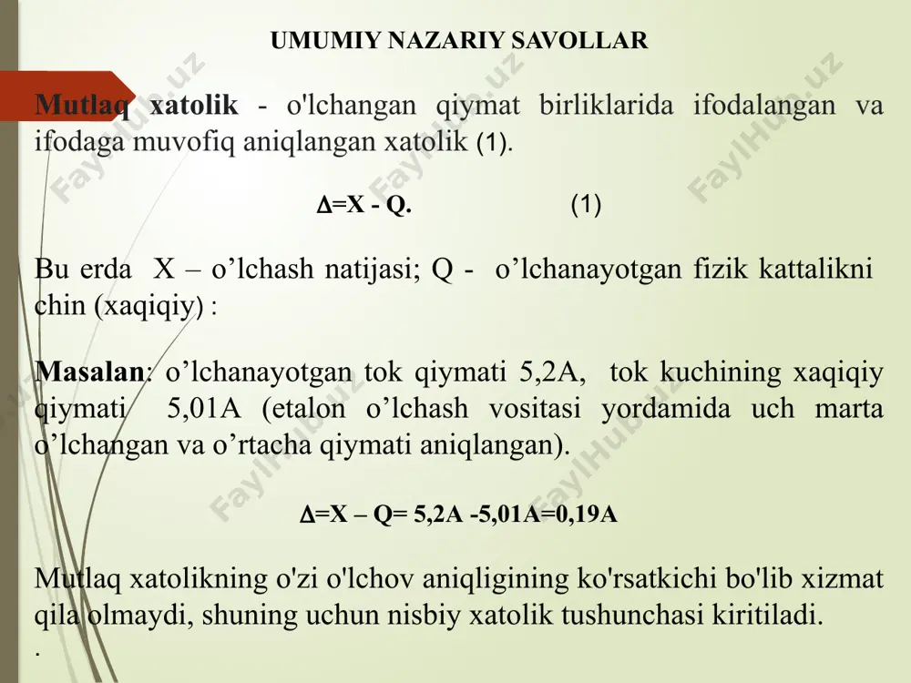 itasi yordamida uch marta o’lchangan va o’rtacha qiymati aniqlangan). o’lchov asbobi qmax qiymati qmax =12а ga teng bo’lsa.  = ( / qn ) 100 = ( (x – q) / qn )100% = (0,19а / 12а)100% = 1,6% asboblar shkalasini noldan qmax gacha to‘rtta teng qismga bo‘lib, nisbiy xatolik δ shkalaning 1-choragida maksimal, shkalaning 4-choragida minimal ekanligini bilib olamiz formulalar (2) va (3) tahlil qilingandan so'ng, bir tomonlama shkalali o'lchash moslamasining ko'rsatkichlaridan γ va δ nisbiy xatolarning grafiklarini qurish mumkin (1-rasm) elektromexanik asboblar gost 8.401–80 bo’yicha 9 ta aniqlik sinfiga bo’lingan (1 jadval). agar formula (3) orqali ifodalangan mutlaq xatoliki (2) formulaga almashtirsak, nisbiy va keltirrilgan xatoliklarni bog‘lovchi formulaga ega bo‘lamiz:  =  (qn / q ) (4) bir tipdagi masalalarni yechishga misollar 1- masala. magnitelektrik tizimida shkala qadami 10 v va shkalasi 0 ... 50 v bo’lgan voltmetrini kalibrlashda namunaviy voltmetrning ko'rsatkichlari olingan (jadval). keltirilgan nisbiy xatolikni …