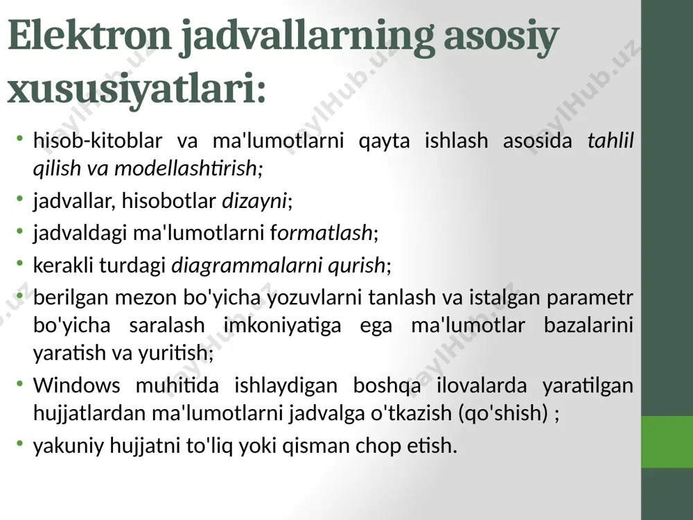 boshqalar. formulalardagi havolalar bog'lanish turlari aralash absolut nisbiy formulalar katak manzillaridan foydalanadi. bog'lanishlarning ikkita asosiy turi mavjud: nisbiy va absolut, qo'shimcha ravishda aralash havolalardan foydalanish mumkin. bog'lanish turlari o'rtasidagi farq formulani faol hujayradan boshqa katakchalarga nusxalashda paydo bo'ladi. bog'lanish turlari nisbiy. formuladagi nisbiy havolalar qator yoki ustunga nusxalanganda avtomatik ravishda o'zgaradi. bu birinchi darsda fevral oyi xarajatlarini hisoblash uchun yanvar formulasini nusxalash imkonini berdi. bu erda ko'rsatilgan misolda ko'rsatilgandek, =c4*$d$9 formulasini qatordan qatorga ko'chirganingizda, nisbiy hujayra havolasi c4 dan c5 va c6 ga o'zgaradi . absolut. absolut katakdoimiy qiymatga ega. formulani katakchadan katakka ko'chirishda absolut havolalar o'zgarmaydi. absolut katak dollar belgisi ($) bilan belgilanadi, masalan, $d$9. rasmda ko'rsatilganki, =c4*$d$9 formulasini satrdan qatorga ko'chirishda $d$9 katakka absolut katak o'zgarmaydi. aralashgan. aralash mos yozuvlar ustun absolutva satr nisbiy yoki ustun nisbiy va satr absolut hisoblanadi. masalan, $a1 havolasi a ustunida mutlaq va 1-qatorda nisbiydir . aralash moslamani katakchadan katakka ko'chirganingizda, uning nisbiy …