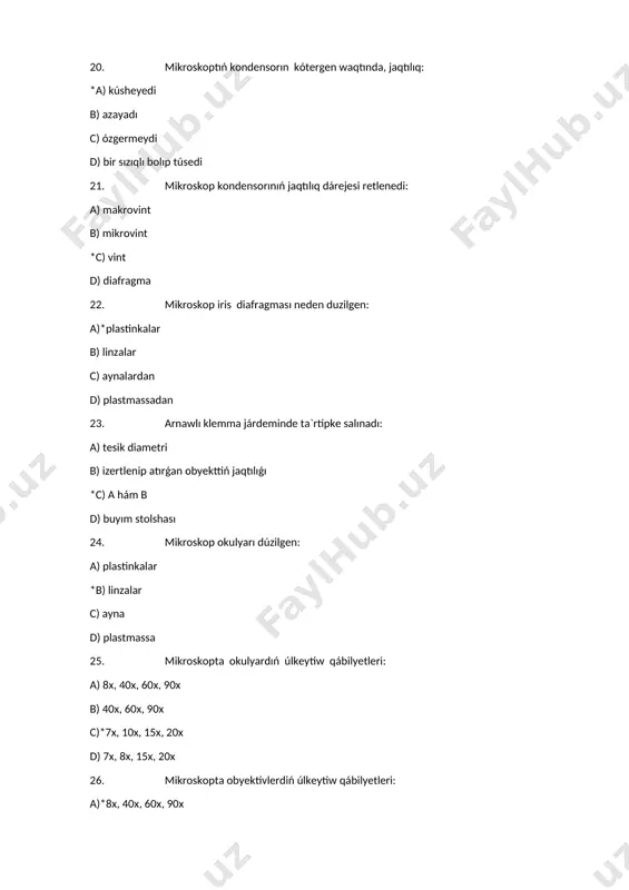 ydı. b) kondensordı kóteredi. c) tubustı háreketke keltiredi. okulyardı quraydı 47. jaqtılıq mikroskop járdeminde kletka dúzilisiniń bólimlerin anıqlaw kerek. qaysı úlken úlkeytiwshi obyektivten paydalanamız: a) x8 b) x10 c) x90 d) *x40 48. okulyar x7 hám obyektiv x8 bolsa, mikroskoptıń ulıwıma úlkeytiw kúshi neshege teń: a) x47 b) *x56 c) x14 d) x15 49. jaqtılıq mikroskopında okulyardıń en kishi úlkeytiwshisin kórsetiń: a) 1x b) 10x. c) *7x. d) 15x. 50. okulyar x7 hám obyektiv x90 bolsa, mikroskoptıń ulıwıma úlkeytiw kúshi neshege ten: a) *x630 b) x56 c) x33 d) x14 51. mikoplazmalar viruslardan ne menen parıqlanadı? a) dnk bolıwı b)*kletkalıq duziliske iye organizmlerge tán tirishilik iskerlıq bolıp otedi c) kapsid qabıǵının bolıwı d) kletkalıq duziliske iye organizmlerge tan tirishilik iskekrl bolmaydı 52. mikoplazma kletkalarında qansha molekula sanı boladı: a) 100 b) 1000 c)*1200 d) 1500 53. mikoplazmalar bul: a) avtotroflar b)*saprofit yamasa parazitler c) avtotroflar, ayırım waqıtta geterotroflar d) parazitler …