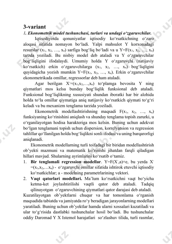 darajalarining ortishi bilan ortib borsa, u holda vaqt qatorsining multiplikativ modeli tanlanadi. qo'shimcha modelni tanlashda, davriy komponent qator asl va silliqlangan qator darajalari orasidagi farqni topish bilan farqlanadi. multiplikativ modelda davriy tebranishlar dastlabki va tekislangan qator darajalari orasidagi nisbatni topish yo'li bilan aniqlanadi. keyin bir tebranish davridagi kuzatuvlarga mos keladigan o'rtacha qiymatlar hisoblanadi. 11-variant 1. regression tahlilda eng kichik kvadratlar usulining qо‘llanilishi. funksiyalar parametrlari odatda “eng kichik kvadratlar” usuli bilan aniqlanadi. eng kichik kvadratlar usulini mazmuni quyidagicha: haqiqiy miqdorlarning tekislangan miqdorlardan farqining kvadratlari yigindisi eng kam bo‘lishi zarur (yyxˆ )2 min bir omilli chiziqli bog‘lanishni olaylik: yxˆa0+a1x qiymat (y-yxˆ )2 eng kam bo‘lishi uchun birinchi darajali xosilalar nolga teng bo‘lishi kerak. chiziqli regressiyaning parametrlar sharxini ko‘rib chiqamiz. omilli o‘zgaruvchi a1 koeffitsiyenti, u x omili bir birlikga o‘zgarsa y ning o‘rtacha hisobda qanchalarga o‘zgarishini ko‘rsatadi. misol uchun tassavur qilaymizki, xarajat bilan ishlab chiqarilgan mahsulot hajmi o‘rtasida bog‘liqligi quyidagini tashkil etsa: y …