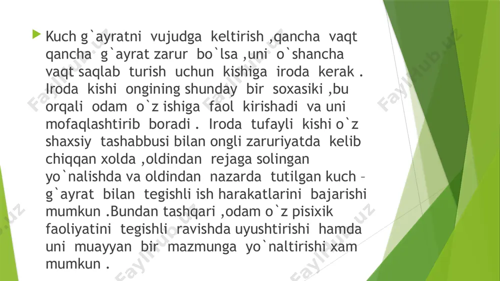 . ko`ngilda kechayotgan extiyoj va intilishlar turli darajada anglanishi va turlicha tasavvur qilinishi mumkin. masalan, extiyoj va intilishlar ba’zan istak tarzida ko`ngildan kechadi. istak shunday xolatki, bunda odam o`ziga nimadir yetishmayotganini, nimanidir istayotganini xis qilib turadiyu, o`sha narsa nima ekanini yaxshi tasavvur qila olmaydi. tilak intilishning shunday bosqichiki, bunda kishi xarakat maqsadini anglab yetadi, lekin unga erishish yo`llari va vositalarini xali tushunib yetmaydi. extiyoj yana kuchayib boraveradi. natijada intilishi maqsadlaridan tashqari, uning yo`l, usul va vositalari xam asta-sekin anglashilib borad. intilishning bunday to`la anglanilgan bosqichi xoxish deb aytiladi. maqsadning va unga yetishish yo`llarining ma’qul va noma’qulligini belgilab beradigan xamma narsa ish-xarakat motoivlari deb aytiladi. kishi nega boshqa bir maqsadni emas, balki xuddi shu maqsadni o`z oldiga quymokda, shu maksadga yetishmoq uchun boshqa yo`l va vositalar bilan emas, balki xuddi shu vositalar bilan ish ko`rishning sababi nima degan savolga javob motiv deb ataladi. maksadlarni, ularga erishish yo`llari va vositalarini tanlash jarayoni …