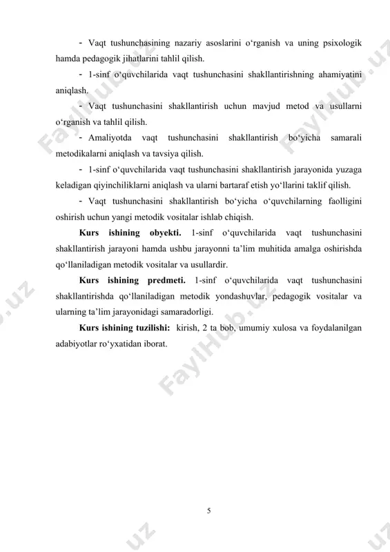 ng katta va kichik qo‘llari, raqamlar yordamida vaqtni ko‘rsatishni o‘rgatish orqali ular vaqtni tushunishni boshlaydi. bu jarayonda bolalar vaqtni aniq va ko‘rinadigan shaklda qabul qilish imkoniga ega bo‘ladi. shuningdek, taqvimlar, suratlar, rasmli hikoyalar vaqtning o‘tishini tushunishda yordam beradi. misol uchun, o‘quvchilarga taqvimda hafta kunlarini ko‘rsatib, darslarni, dam olish kunlarini belgilash orqali vaqtni bosqichma-bosqich o‘rganish jarayoni tashkil qilinadi. vaqt tushunchasining shakllanishida o‘quvchilarning psixologik xususiyatlari ham e’tiborga olinadi. yosh bolalar vaqtni vaqt o‘lchov birliklari yordamida emas, balki hodisalar ketma-ketligi va davomiyligi orqali anglaydi. masalan, ular uchun “erlar, o‘yin, kechki ovqat” ketma-ketligi vaqtni anglashning boshlang‘ich ko‘rinishidir. shu bois pedagoglar vaqtni o‘lchashning oddiy va ko‘rgazmali shakllarini tanlab, bolalar qiziqishini uyg‘otishlari zarur. amaliy mashqlar va o‘yinlar bu jarayonda katta rol o‘ynaydi. misol uchun, “vaqtni to‘g‘ri hisoblash” o‘yini orqali o‘quvchilar vaqt birliklarini o‘rganish bilan birga, uni amalda qo‘llashni ham o‘rganadi. o‘yinlarda vaqt birligi sifatida soat, daqiqa, sekundlar haqida ma’lumotlar beriladi va o‘quvchilar tomonidan mustaqil bajarilishi ta’minlanadi. …