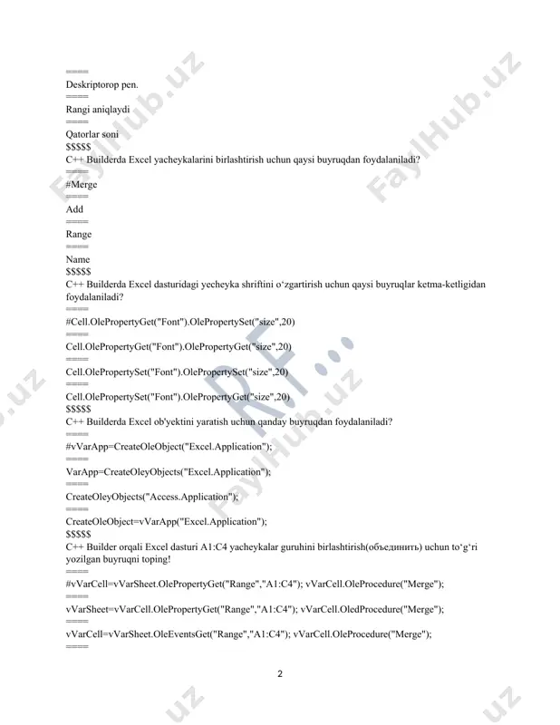 buyruqni toping! ==== #vvarcell=vvarsheet.olepropertyget("range","a1:c4"); vvarcell.oleprocedure("merge"); ==== vvarsheet=vvarcell.olepropertyget("range","a1:c4"); vvarcell.oledprocedure("merge"); ==== vvarcell=vvarsheet.oleeventsget("range","a1:c4"); vvarcell.oleprocedure("merge"); ==== vvarpapers=vvarsheet.olepropertyget("range","a1:c4"); vvarcell.oleprocedure("merge"); $$$$$ radiobutton componentasni belgilanmaganlik hususiyati ==== #checked=false ==== checkable=false ==== mark=false ==== checking=false $$$$$ c++ builderda button1 komponentasini bosganda shape1 komponentasi kvadrat shaklini olishi uchun qanday amallar bajariladi? ==== #shape1->shape=stsquare; ==== shape1->shape=stcircle; ==== shape1->shape=strectangle; ==== shape1->shape=stline; $$$$$ c++ builderda button1 komponentasi chertilganda edit1 komponentasi yashirin (ko‘rinmas) xolatga o‘tishi uchun qanday amallar bajariladi? ==== #edit1->visible=false; ==== edit1->visible=true; ==== edit1->enabled=false; ==== edit1->enabled=true; $$$$$ c++ builderda button1 komponentasi chertilganda label1 komponentasi yashirin (ko‘rinmas) xolatga o‘tishi uchun qanday amallar bajariladi? ==== #label1->visible=false; ==== label1->visible=true; ==== label1->enabled=false; ==== label1->enabled=true; $$$$$ c++ builderda button1 komponentasi chertilganda button1 komponentasi yashirin (ko‘rinmas) xolatga o‘tishi uchun qanday amallar bajariladi? ==== #button1->visible=false; ==== button2->visible=false; ==== button1->enabled=false; ==== button2->enabled=false $$$$$ c++ builderda button1 komponentasi chertilganda button2 komponentasi noaktiv (ishlamaydigan) xolatga o‘tishi uchun qanday amallar bajariladi? ==== #button2->enabled=false; ==== button2->enabled=true; ==== button1->enabled=false; ==== button1->enabled=true; $$$$$ c++ builderda button1 …