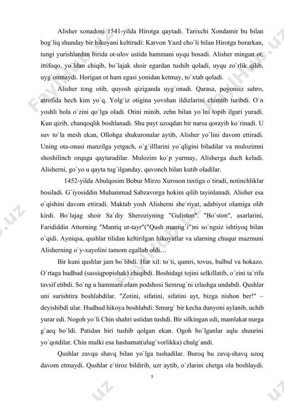ammani olam podshosi semrug`ni izlashga undabdi. qushlar uni surishtira boshlabdilar. "zotini, sifatini, sifatini ayt, bizga nishon ber!" – deyishibdi ular. hudhud hikoya boshlabdi: smurg` bir kecha dunyoni aylanib, uchib yurar edi. nogoh yo`li chin shahri ustidan tushdi. bir silkingan edi, mamlakat nurga g`aeq bo`ldi. patidan biri tushib qolgan ekan. ogoh bo`lganlar aqlu shuurini yo`qotdilar. chin mulki esa hashamat(ulug`vorlikka) chulg`andi. qushlar zavqu shavq bilan yo`lga tushadilar. buroq bu zavq-shavq uzoq davom etmaydi. qushlar e`tiroz bildirib, uzr aytib, o`zlarini chetga ola boshlaydi. hudhud har biriga javob aytadi. semrug`ga yetishish baxti oldida bu dunyoning tashvishlari hechligini isbot etuvchi biror hikoya keltiradi. hudhudning gaplari, hikoyalari qushlarga yangi bir kuch bag`ishlaydi. ular hudhudni boshliq qilib, yo`lga tushadilar. hudhud buy o`lning ishq yo`li ekanligi, unga kirgan odam shayx san`on singari o`zligidan kechishi lozimligini aytadi. yana bir-biridan jozibali hikoyalar… nihoyat, qushlar yeti vodiyni bosib o`tadilar va o`zlarining semurg` ekanligini anglab yetadilar. "mantiq ut-tayr" xayoli alisherga bir umr …