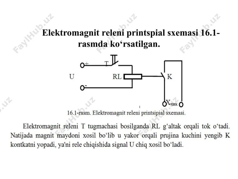 bo‘lmaydi. yorug‘lik oqimi oshganda fotorezistor qarshiligi r kamayadi, tranzistor bazasiga berilayotgan tok qiymati oshadi, natijada, kollektor toki xam oshadi va rele r ishga tushadi (ulanadi). 15.4 rasm tranzistorli fotorelening oddiy sxemalari mavzu bo`yich vaziva. *ushbu sxema yordamida oddiy fotoreleni quring. mavzu bo`yich vaziva. *ushbu sxema yordamida oddiy fotoreleni quring. qurilmani sxema bo`yich joylashuvi. ishlash jarayoni. nazorat savollari : 1. rеlе nima vazifani bajaradi? 2. rеlе turlarini sanag va tushintiring? 3. rеlе paramеtrlarini tushuntiring? 4. elеktromagnit rеlеni tushuntiring? 5. elеktron rеlеni tushuntiring? 6. fotorеlеni tushuntiring? 7. tranzistorli fotorеlеni tushuntiring? 8. vaqt rеlеsini izoxlang? 9. elеktron vakt rеlеsini tushuntiring? e’tiboringiz uchun raxmat !!! image1.png image2.png image3.png image4.png image5.png image6.png image7.png image8.png image9.png image10.png /docprops/thumbnail.jpeg