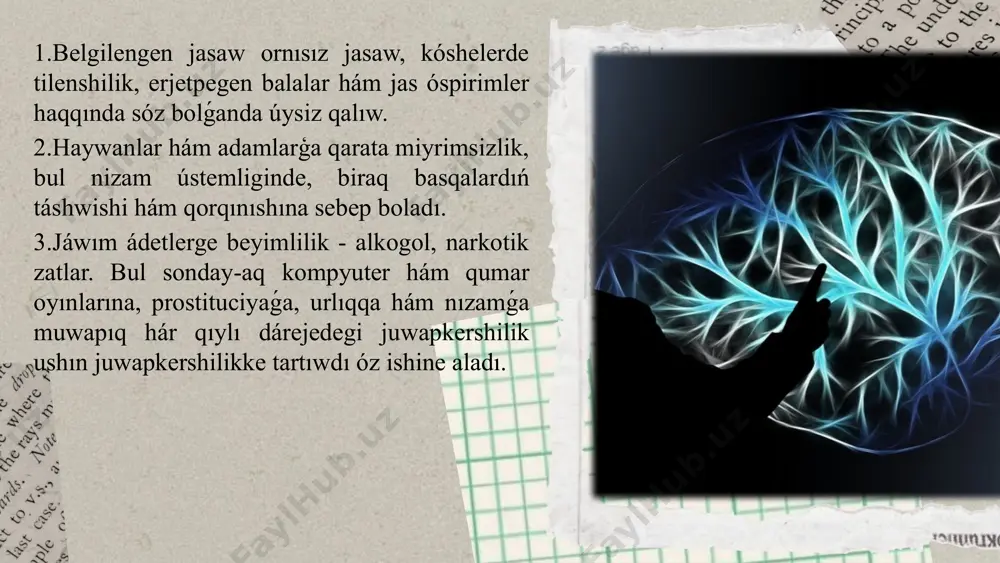 deviant háreketlerdiń dáslepki belgilerinde oqıtıwshılar ata-anaları menen óz ara múnásibette bolıp, shańaraqlıq ortalıqtı aniqlap alıwı kerek deviant is-háreketlerdiń aldın alıw ushın bir neshe klasslardıń seriyasın ózlestiriw óz ishine algan programmalar.óspirimler deviant minez-qulqınıń profilaktikası. óspirimlik jasında deviatsiya kóriniwiniń tınımsız artıp barıwı sociallıq pedagog aldında bul óspirimler menen islewdiń jańa usılları, texnologiyaların izlew hám olarǵa qollanıw wazıypasın qoyadı. ilimiy teoriya hám ámeliyatta eki tiykarģı texnologiya-profilaktika hám reabilitaciya keń tarqalgan. profilaktika-óspirimler minez-qulqında sociallıq normadan buzıwdıń hár qıylı formaların keltirip shıǵaratuǵın tiykarǵı sebep hám sharayatlardı saplastırıwǵa qaratılǵan sociallıq, medicinalıq, shólkemlestiriwshilik, tárbiyalıq hám mámleketlik ilajlarınıń kompleksi bolıp tabıladı. ol tiykarınan balanı qorshap turǵan ortalıqqa baylanıslı boladı.profilaktikalıq ilajlardı ámelge asırıwda sociallıq pedagog tómendegi qaǵıydalarǵa súyenedi: 1.sociallıq-mádeniy normanı ózlestiriw shaxstıń sociallasıw procesinde ámelge asadı artadı.qádiriyatlar, ideyalar hám basqa simvolikalıq sistemalar kompleksin ózlestirmey insan jámiyettiń tolıq qanlı aǵzası sipatında jumis alıp barıwı múmkin emes. 2.sociallıq-mádeniy normanıń qarsılası balalardıń sociallıq-mádeniy hám pedagogikalıq qarawsızlıǵı bolıp, ol bala rawajlanıwınıń normal emes …