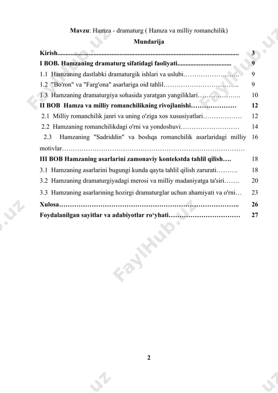 dramaturg sifatidagi faoliyati, milliy romanchilikdagi o'rni va uning asarlarini zamonaviy kontekstda tahlil qilish orqali dramaturgiya va romanchilik o'rtasidagi bog'liqlikni ko'rsatish maqsad qilinadi. bu ish orqali hamzaning teatr san'ati va romanchilikni rivojlantirishdagi o'rni, uning milliy adabiyotga qo'shgan hissasi chuqurroq o'rganiladi.[footnoteref:1] [1: hamza, a. (2019). asarlar to'plami. toshkent: sharq. ] kurs ishining dolzarbligi - hamzaning dramaturg sifatidagi faoliyati va uning milliy romanchilikka qo'shgan hissasi, o'zbek adabiyotining rivojlanishi uchun katta ahamiyatga ega. bugungi kunda adabiyotshunoslar va teatr mutaxassislari uchun hamzaning asarlarini chuqur o'rganish, uning dramaturgiyasi va romanchiligidagi o'ziga xos xususiyatlarni tahlil qilish dolzarb bo'lib qolmoqda. xususan, hamzaning ijodi nafaqat o'z vaqtida, balki zamonaviy adabiyot va teatrda ham o'z ahamiyatini saqlab kelmoqda. o'zbek milliy dramaturgiyasi va romanchiligining rivojlanish tarixida hamza o'zining ijodi bilan alohida o'rin tutadi. uning asarlari milliy teatr san'ati va romanchilik janrining yangi yo'nalishlarini shakllantirgan. bu asarlar orqali xalqning tarixiy va madaniy qadriyatlari, o'ziga xos ijtimoiy hayoti aks ettirilgan. shuningdek, bugungi kunda …