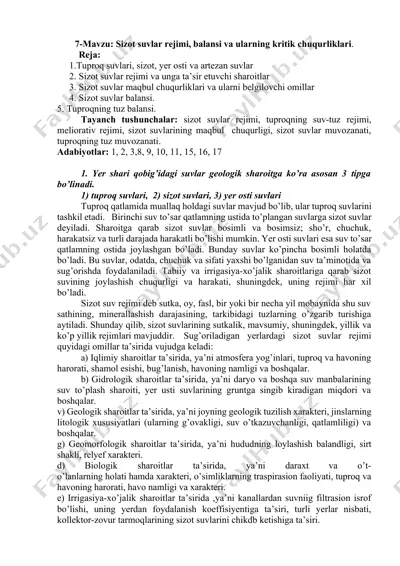 sizot suvlar rejimi, balansi va ularning kritik chuqurliklari — DOCX