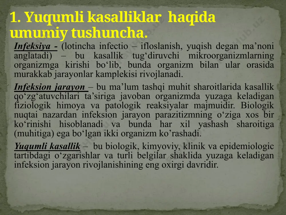 ishlari mumkin (tranzitor tashuvchanlik). bunda organizmda kasallik qo‘zg‘atuvchisining bo‘lishiga qaramay nafaqat kasallik belgilari, balki immunologik o‘zgarishlar ham kuzatilmaydi. yuqumli kasallik yakunida 3 oygacha kasallik qo‘zg‘atuvchisining topilishi o‘tkir rekonvalessent deb yuritiladi, 3 oydan oshsa – surunkali deyiladi. 2.yuqumli kasalliklarning o`ziga xos xususiyatlari. etiologik xususiyati (yuqumli kasallikning o‘zining spetsifik qo‘zg‘atuvchisiga egaligi) epidemiologik xususiyati (yuqumliligi) klinik xususiyati(kasallikning davrlar bilan kechishi) immunologik xususiyati (immunitet paydo bo‘lishi). etiologik xususiyati – yuqumli kasallik qo‘zg‘atish xususiyatiga ega bo‘lgan patogen(kasallik qo‘zg‘atuvchi) mikroblar ya’ni bakteriyalar, viruslar, rikketsiyalar, spiroxetalar vujudga kelishining bevosita sababi hisoblanadi. infeksion jarayonni chaqirish xususiyatiga ega bo‘lgan mikroorganizmlarning asosiy xususiyatlariga quyidagilar kiradi: 1. patogenlik, 2.virulentlik, 3.invazivlik 4.toksigenlik patogenlik – bu mazkur mikrobning kasallik qo‘zg‘ata olish xususiyatidir. bu belgiga ko‘ra mikroorganizmlar patogen, shartli patogen va nopatogen (saprofit) mikroorganizmlarga bo‘linadi. patogenlik faqat ma’lum sharoitda unga moyil organizmda namoyon bo‘ladi. masalan, tovuqlardagi vabo kasalligining qo‘zg‘atuvchilari odam organizmiga patogen ta’sir o‘tkaza olmaydi, gonokokklar va qizamiq virusi esa hayvonlarda kasallik qo‘zg‘ata olmaydi. …
