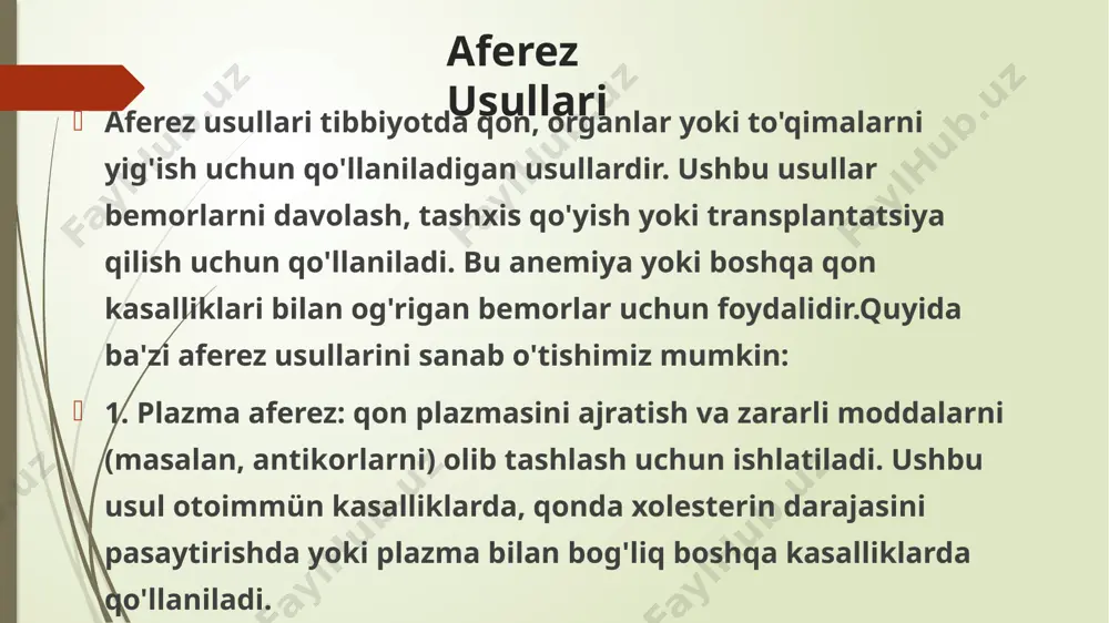 shda va ba’zi og‘ir infektsiyalar bilan kurashishda ishlatiladi. trombotsitaferez: qondan faqat trombotsitlar ajratib olinadi. trombotsitlar asosan qon ivishi jarayonida muhim ahamiyatga ega bo‘lib, saraton kasalliklari yoki gematologik kasalliklarda ishlatiladi. lekoaferez: qondan leykotsitlar ajratib olinadi. bu usul asosan leykemiya va boshqalar kasalliklarida qo‘llaniladi. 6 aferez usulining asosiy mexanizmi qon tarkibidagi kerakli komponentlarni ajratish va qolgan qismini tanaga qaytarish jarayonidir. bu quyidagi bosqichlarga bo‘linadi: 1. qonni olish donor venasidan qon maxsus naychalar yordamida olinadi. odatda bu qo‘l venasi bo‘ladi. jarayon paytida qon aferez apparatiga yo‘naltiriladi. 2.qon komponentlarini ajratish aferez apparati qonning kerakli qismini ajratish uchun sentrifuga yoki filtrlash texnologiyasidan foydalanadi. odatda quyidagi komponentlardan biri ajratiladi: 7 plazma – qonning suyuq qismi. trombotsitlar – qon ivishi uchun javob beruvchi hujayralar. qizil qon hujayralari (eritrotsitlar) – kislorod tashuvchi hujayralar. leykotsitlar – infektsiyaga qarshi kurashuvchi oq qon hujayralari. 3. qolgan qon komponentlarini qaytarishqondan ajratib olingan komponentlar tanada qolganini tashkil qiluvchi qon qayta donor tanasiga yuboriladi. …