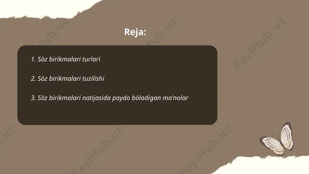 ydi. sòz birikmalaridagi ma'no ko'pincha kontekstga bog'liq bo'ladi. shuningdek, bunday birikmalar turli xil ma'nilarni ifodalashi mumkin bo'lgan frazeologizmlar yaratadi, masalan, "oydek ravshan". ... t.me/slaydai_bot 4. sòz birikmalari sintezi sòz birikmalari sintezi mavzusi uzbek tili va grammatika qoidalarida muhim o‘rin tutadi. sòz birikmalari — bu ikki yoki undan ortiq so‘zlarning ma’lum bog‘lanish qonuniyatlari asosida hosil qilingan birligidir. bu hodisa sintaksis qoidalarida ko‘riladi va so‘zlarning turli komponentlarini birlashtirishi orqali yangi ma’no yaratishga xizmat qiladi. masalan, "yangi kitob" yoki "tezkor yordam" kabi birikmalar sodda va qo‘shma so‘zlardan iborat bo‘lishi mumkin. sòz birikmalari sintezida asosiy omillar: so‘z tartibi, grammatik moslik va ma’nodagi uyg‘unlikdir. sintez jarayonida so‘zlarning lug‘aviy va grammatik mas’uliyati muhimdir. ... t.me/slaydai_bot sòz birikmalarining morfologik xususiyatlari haqidagi ma'lumotlar turli komponentlarning turkumlarini tushunishni talab qiladi. sòz birikmalarida asosiy va yordamchi komponentlar mavjud. asosiy komponent, odatda, ot, sifat yoki fe'l bo'lib, buyruq beradi. yordamchi komponent esa bog'lovchi vazifasini bajarib, so'z birikmasining ma'nosini boyitadi. morfologik jihatdan, …
