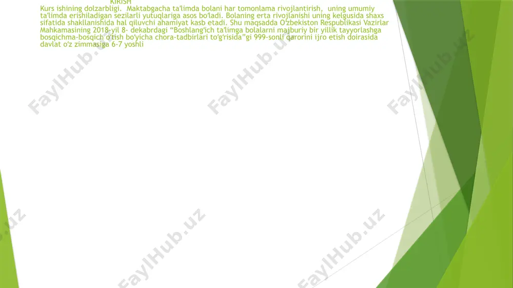 bolalarni rivojlantirish borasidagi ishlar muhim ahamiyat kasb etadi. 2.2. maktabgacha taʼlim tashkilotlarida bolalarni maktabga tayyorlashning maxsus metodlari. bolalarning maktabda ta’lim olishga tayyorligini tashxislash usullari. bolaning maktabda ta’lim olishga tayyorligini tashxislash bu tekshiruv juda zarur. kern-irasek uslubi bo‘yicha tashxis o‘tkazish. bolalarni tekshiruvdan o‘tkazish 4 topshiriqdan iborat bo‘lib, undan ko‘zlangan maqsad ulardagi maktab uchun zarur bo‘lan faoliyatlari rivojidagi, jumladan, bosh miya chanog‘ini analitik va sintetik vazifalari, motorikalaridagi yetishmovchilikni aniqlash. kern-irasek metodi bo‘yicha bolaning maktabda ta’lim olishga tayyorligi darajasini aniqlash alohida yoki 10-15 boladan iborat guruh bilan bir vaqtning o‘zida olib borilishi mumkin. to‘rtinchi topshiriq esa har bir bola bilan alohida, maxsus ajratilgan xonalarda ajratiladi. xulosa hozirda ota-onalar bolalarni maktabga qanday tayyorlashmoqda. ota-onalarning ko‘pchiligi maktabda yaxshi o‘qishning shartlaridan biri shaxsning umumiy rivojlanishi deb hisob-lashadi. ammo, bolaning aqliy rivojlanishi eng asosiysi deb bilishadi, shuning uchun faoliyatlarda bilim, nutq, tafakkur va xotirani rviojlantirishga harakat qiladilar. foydalanilgan adabiyotlar ro’yxati 1sh.m.mirziyoyev. “yangi o’zbekistonning taraqqiyot strategiyasi ”. -toshkent: …