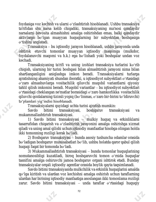 va erkinliklardan o‘zgalar 72 foydasiga voz kechish va ularni o‘zlashtirish hisoblanadi. ushbu transaksiya ta'rifidan shu narsa kelib chiqadiki, transaksiyaning ma'nosi qandaydir narsalarni bevosita almashishni amalga oshirishdan emas, balki qandaydir aktivlarga bo‘lgan muayyan huquqlarning bir subyektdan boshqasiga o‘tishini anglatadi. transaksiya – bu iqtisodiy jarayon hisoblanadi, ushbu jarayonda unda ishtirok etuvchi tomonlar muayyan iqtisodiy maqomga (mulkdor, foydalanuvchi maqomi va h.k.) ega bo‘lishadi yoki boshqalar undan voz kechadi. transaksiyaning ta'rifi va uning izohlari transaksiya turlarini ko‘rib chiqish, ularning bir turini boshqasi bilan almashtirish jarayoni nima bilan shartlanganligini aniqlashga imkon beradi. transaksiyalarni turlarga ajratishning ahamiyati shundan iboratki, u iqtisodiyot subyektlari o‘rtasidagi o‘zaro almashuvlarga vositachilik qiluvchi muqobil variantlarni qiyosiy tahlil qilish imkonini beradi. muqobil variantlar – bu iqtisodiyot subyektlari o‘rtasidagi cheklangan ne'matlar borasidagi o‘zaro hamkorlikka vositachilik qiluvchi qoidalarning tizimli yopiq (bo‘linmas, o‘zaro bir-birini to‘ldiruvchi) to‘plamlari yig‘indisi hisoblanadi. transaksiyalarni quyidagi uchta turini ajratish mumkin: savdo bitimi transaksiyasi, boshqaruv transaksiyasi va mukammallashtirish transaksiyasi. 1) savdo bitimi transaksiyasi …