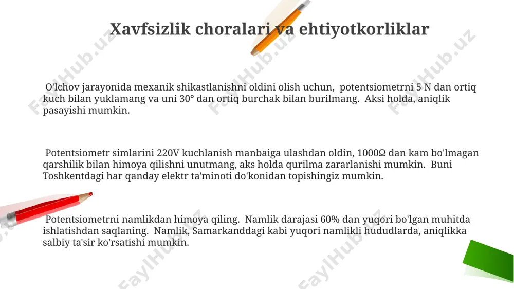 mexanizm yordamida chiziqli harakatni burchak harakatiga aylantiradi, bu esa potentsial farqning o'zgarishiga olib keladi va natijani raqamli ko'rsatkichda, masalan, 0-5v oralig'ida ko'rsatadi. potentsiometrning chiziqli siljishni o'lchashdagi aniqligi, masalan, ±0.1 mm, uning o'lchamlari, qarshilik oralig'i (masalan, 10 kω) va ishlatilgan materiallarga bog'liq bo'lib, samarqand shahridagi tajribalarda tasdiqlandi. signallarni qayta ishlash va kuzatuv samarqanddagi universitetda o'tkazilgan tajribalarda, 20 ta turli burchak va chiziqli siljish qiymatlarini o'lchashda, potentsiametr signallarini qayta ishlashda 0,5% dan kam xatolik kuzatildi. toshkentdagi elektronika zavodida ishlab chiqarilgan 10 bitli a/d konvertor yordamida olingan potentsiametr signallarini 1000 hz chastota bilan namunalash va raqamlash jarayoni, kuzatish va tahlil qilishni osonlashtiradi. farg'ona viloyatidagi sanoat korxonasida, 5000 ga yaqin o'lchov natijalarini tahlil qilish natijasida, potensiometr signallarining shovqin darajasi 3 db dan oshmaganligi aniqlandi. kalibrlash va tekshirish usullari текширишда потенциометрнинг чиқиш сигналинги 0-10 в диапазондаги 5 в нуқтасидаги ноаниқлик 0,5% дан ошмаслиги керак, бу ўзбекистон стандартларига мос келади. калибрация потенциометрга 25-50 нм диапазондаги юк …