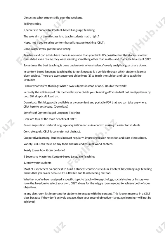 classes while abroad. what can be better than seeing our students create something and learn language at the same time? source： content- based instruction: a strategy to develop language skills to students davies - content-based instruction in efl contexts (tesl/tefl) https://study.com/learn/lesson/content-based-instruction-overview-approach.html https://study.com/learn/lesson/content-based-instruction-overview-approach.html examples of content-based instruction learning a new skill (yoga, origami, preparing food) studying a historical event (invention of the airplane, world war ii, the world's fair) studying a country of geographic region. discussing what students did over the weekend. telling stories. 5 secrets to successful content-based language teaching the sole aim of a math class is to teach students math, right? nope, not if you’re using content-based language teaching (cblt). don’t worry if you got that one wrong. teachers and con artists have more in common than you think: it’s possible that the students in that class didn’t even realize they were learning something other than math—and that’s …